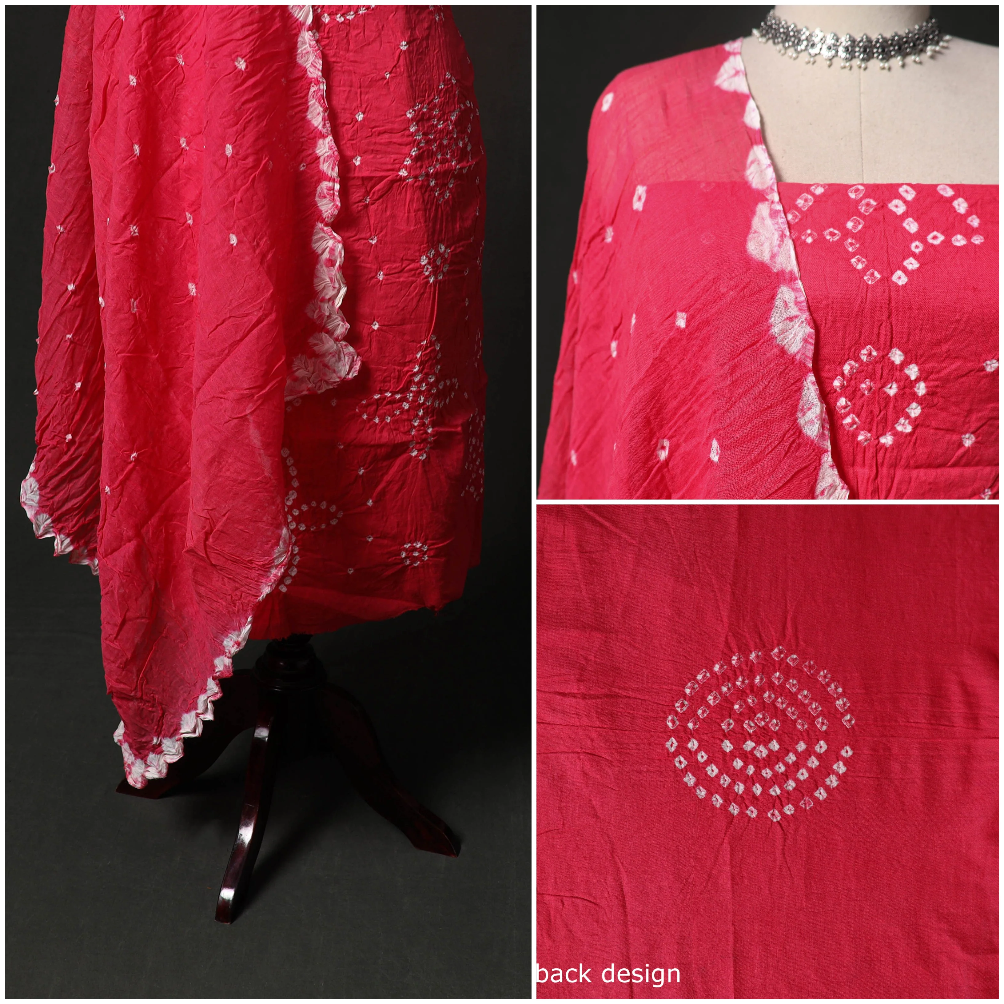 Pink - Kutch Tie-Dye Satin Cotton Bandhani 3pc Unstitched Dress Material 121 - Image 3