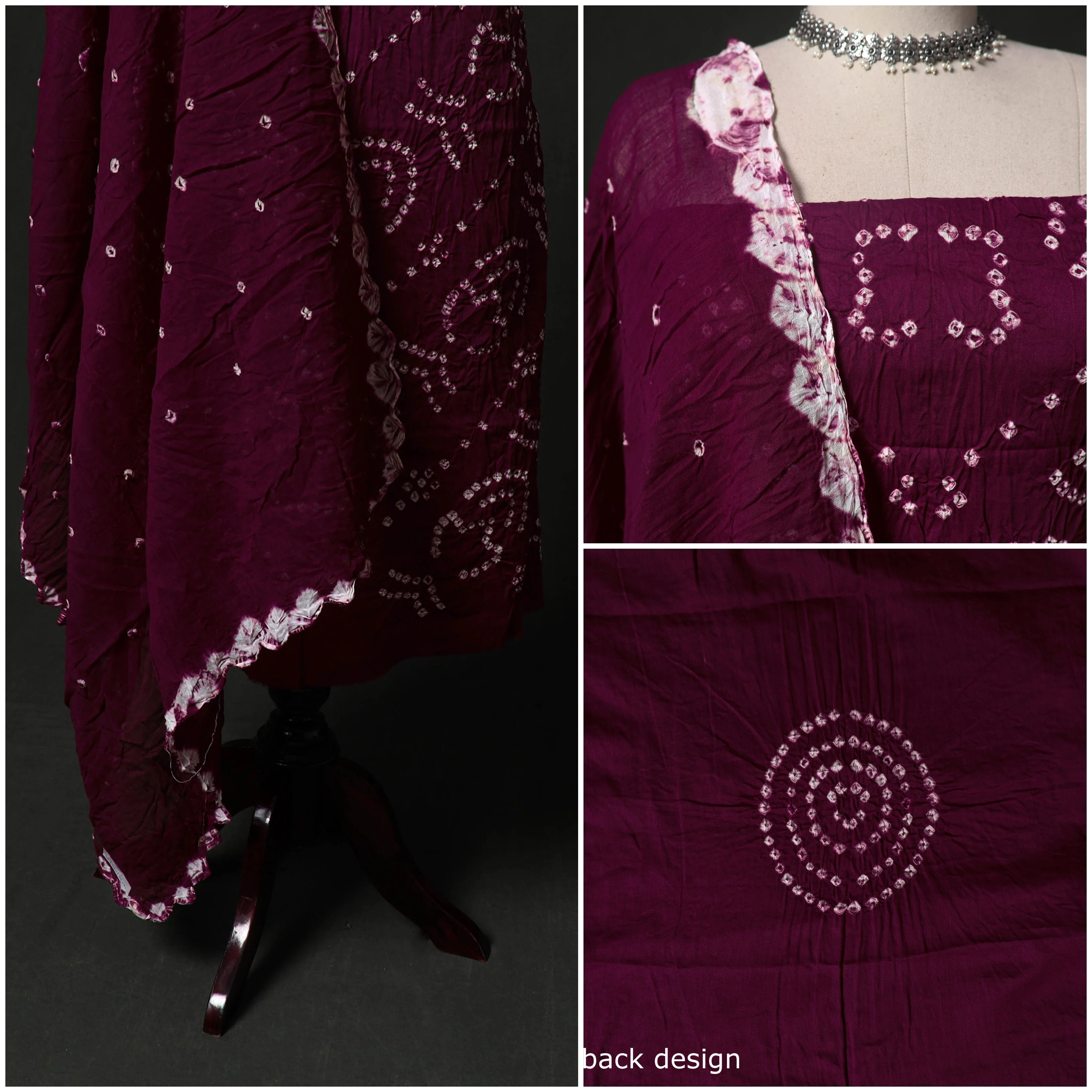 Purple - Kutch Tie-Dye Satin Cotton Bandhani 3pc Unstitched Dress Material 131 - Image 3