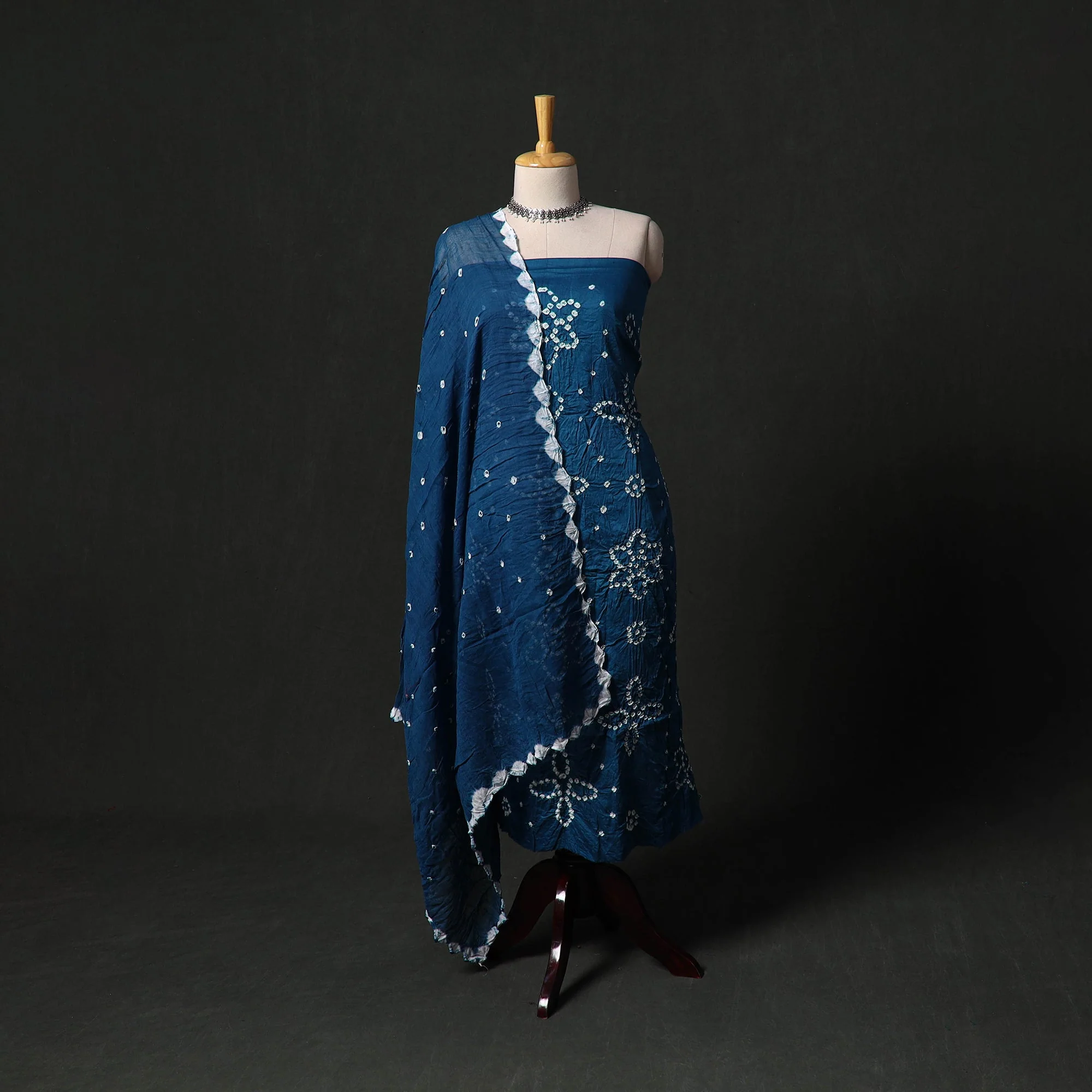 Blue - Kutch Tie-Dye Satin Cotton Bandhani 3pc Unstitched Dress Material 132