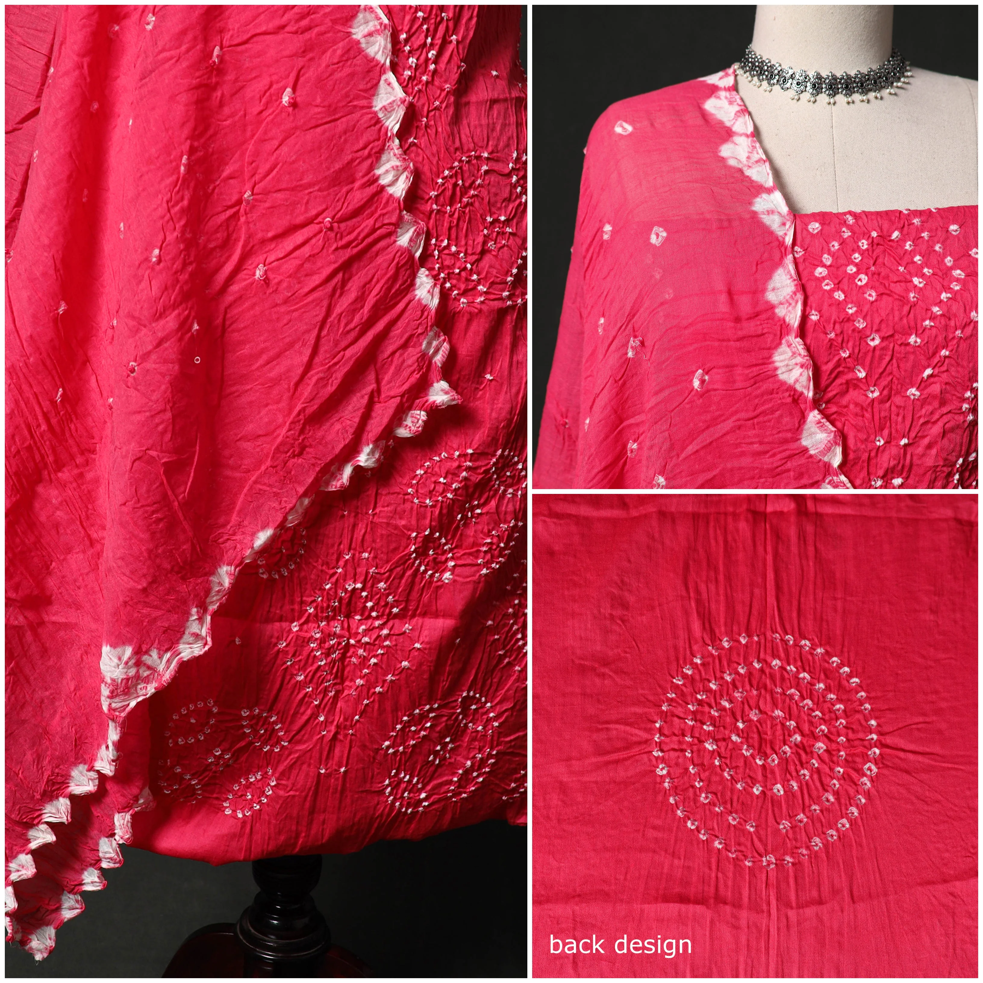 Pink - Kutch Tie-Dye Satin Cotton Bandhani 3pc Unstitched Dress Material 18 - Image 3