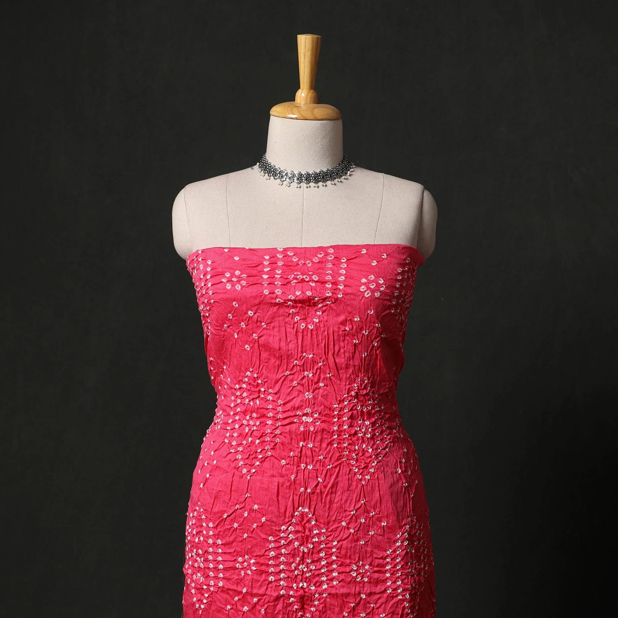 Pink - Kutch Tie-Dye Satin Cotton Bandhani 3pc Unstitched Dress Material 200 - Image 2