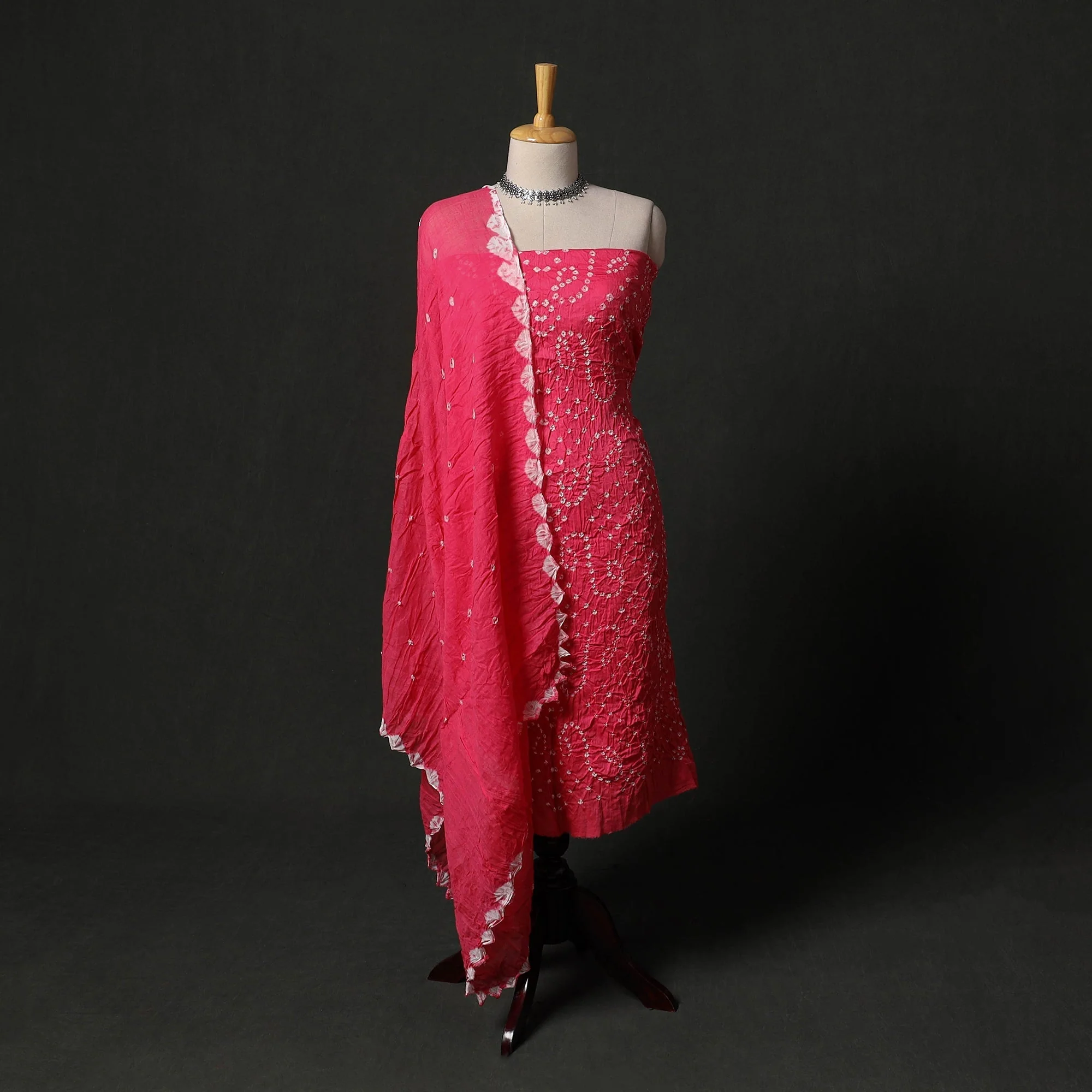 Pink - Kutch Tie-Dye Satin Cotton Bandhani 3pc Unstitched Dress Material 219