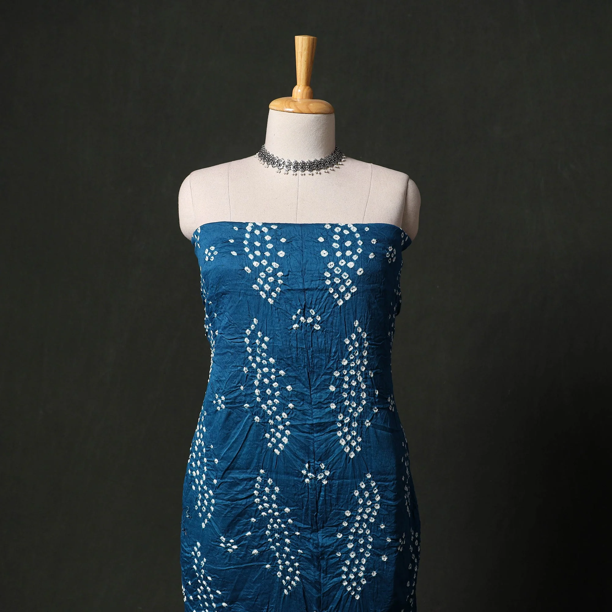 Blue - Kutch Tie-Dye Satin Cotton Bandhani 3pc Unstitched Dress Material 228 - Image 2