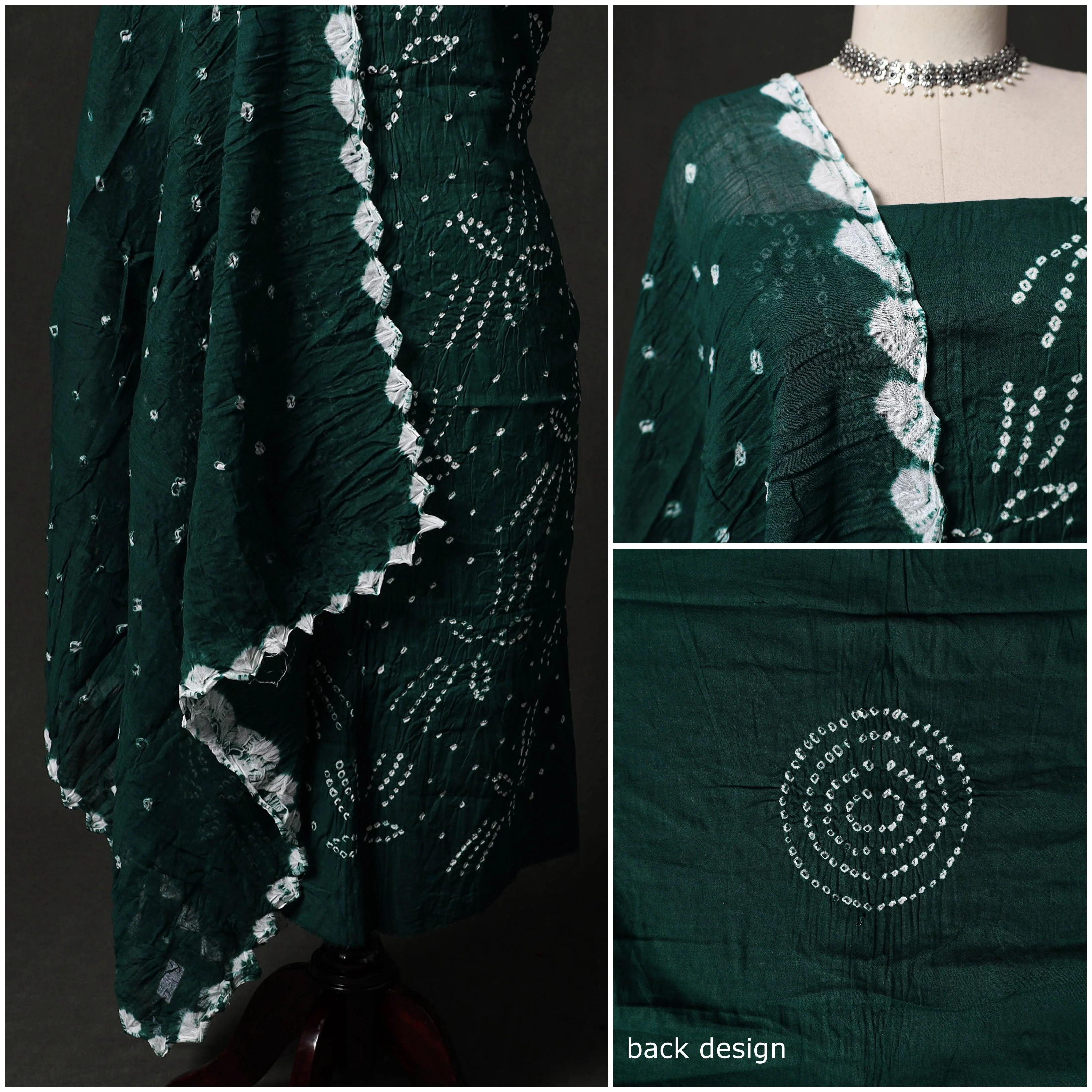 Green - Kutch Tie-Dye Satin Cotton Bandhani 3pc Unstitched Dress Material 230 - Image 3