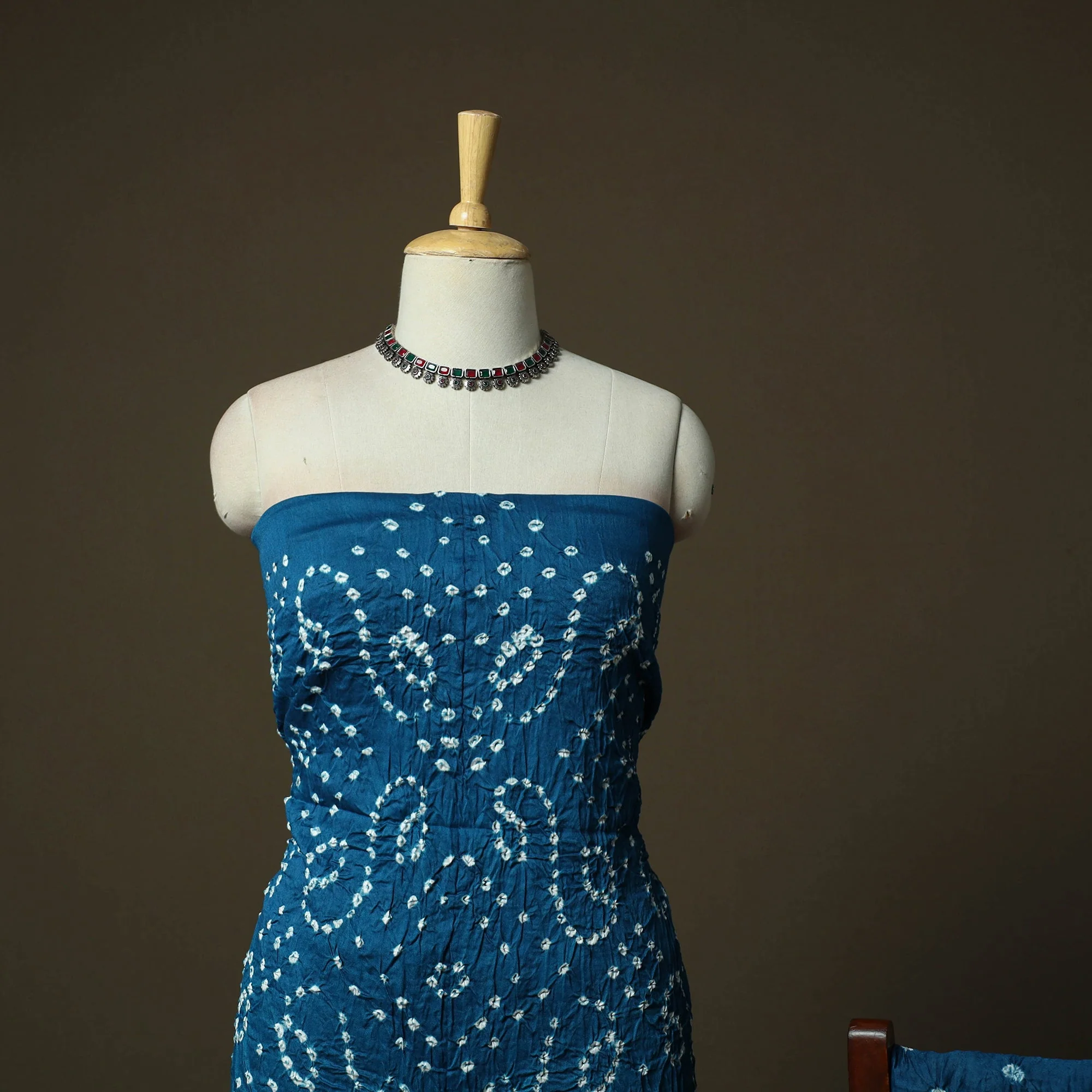 Blue - Kutch Tie-Dye Satin Cotton Bandhani 3pc Unstitched Dress Material 259 - Image 3