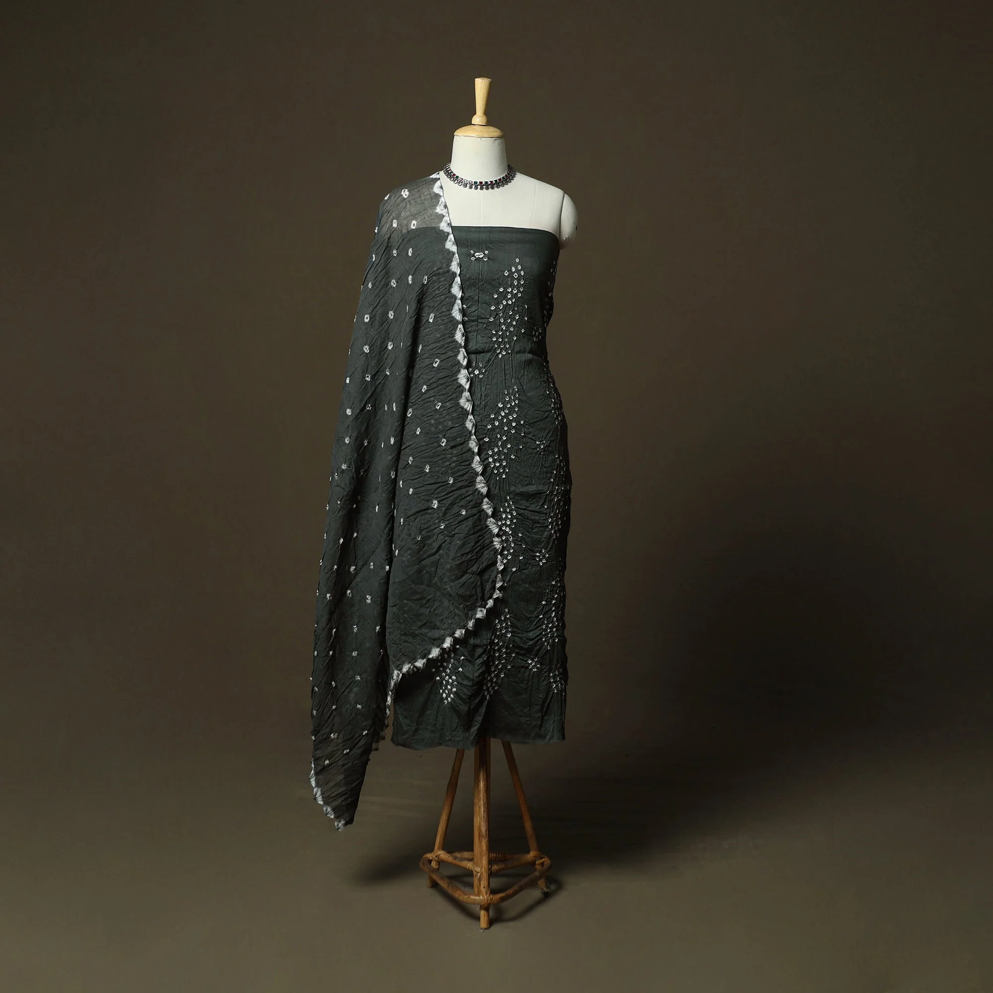 Grey - Kutch Tie-Dye Satin Cotton Bandhani 3pc Unstitched Dress Material 268 - Image 2