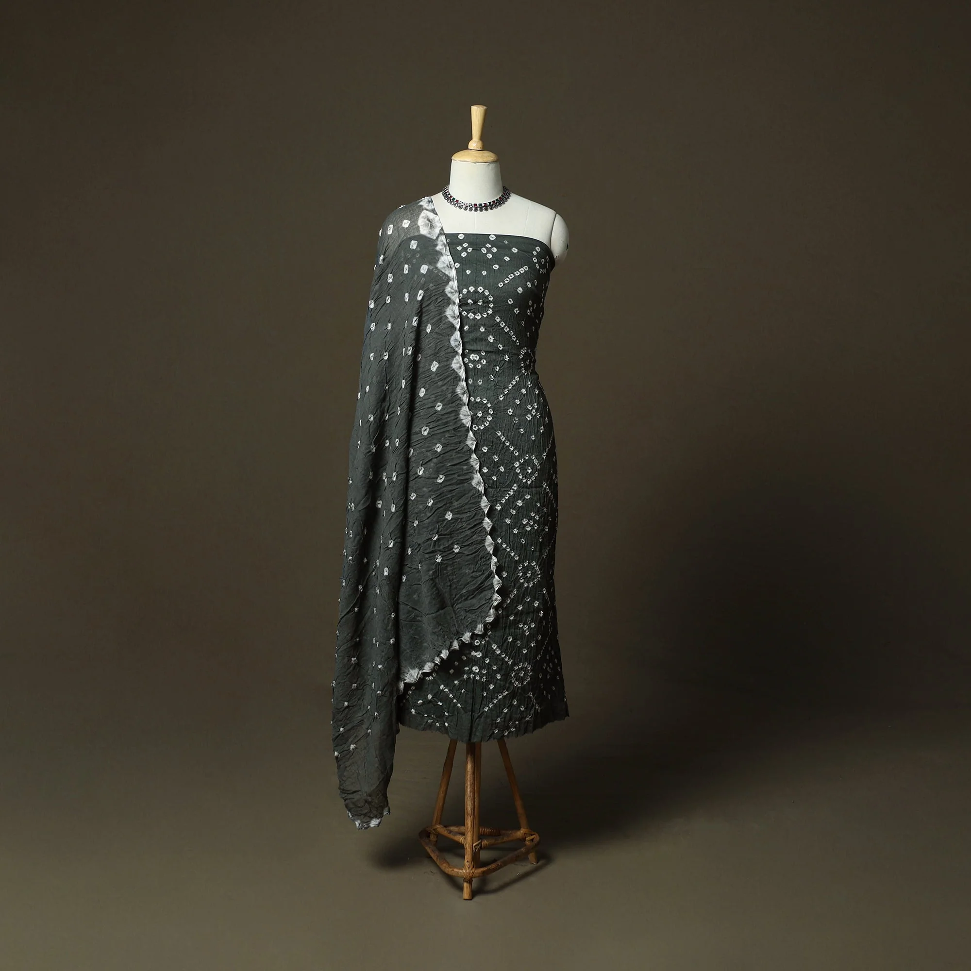 Grey - Kutch Tie-Dye Satin Cotton Bandhani 3pc Unstitched Dress Material 281 - Image 2