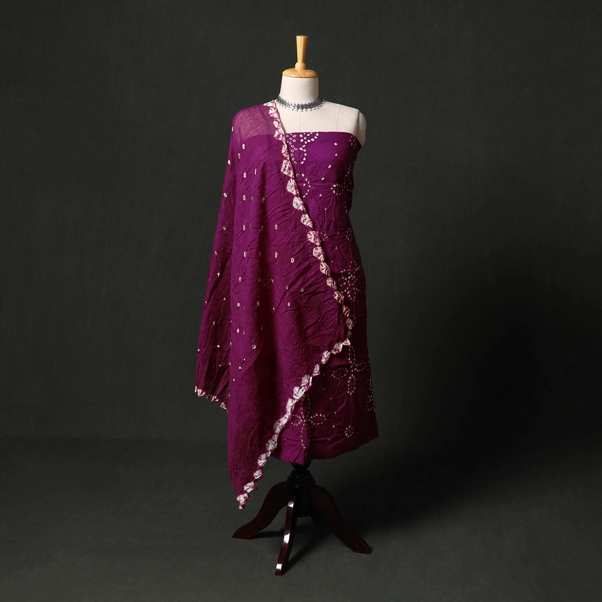 Purple - Kutch Tie-Dye Satin Cotton Bandhani 3pc Unstitched Dress Material 31