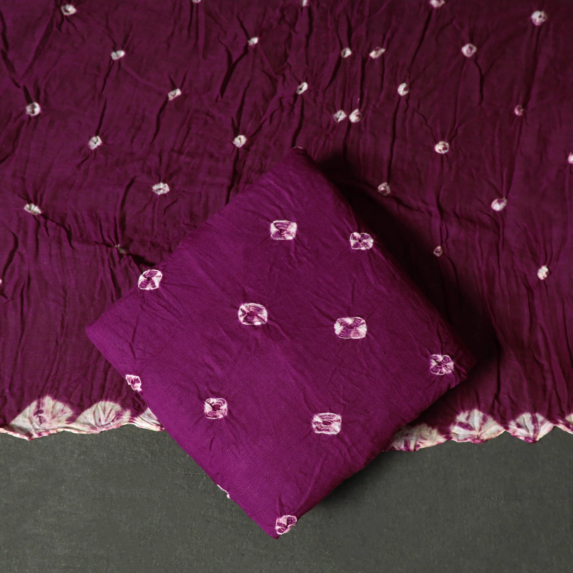 Purple - Kutch Tie-Dye Satin Cotton Bandhani 3pc Unstitched Dress Material 31 - Image 4