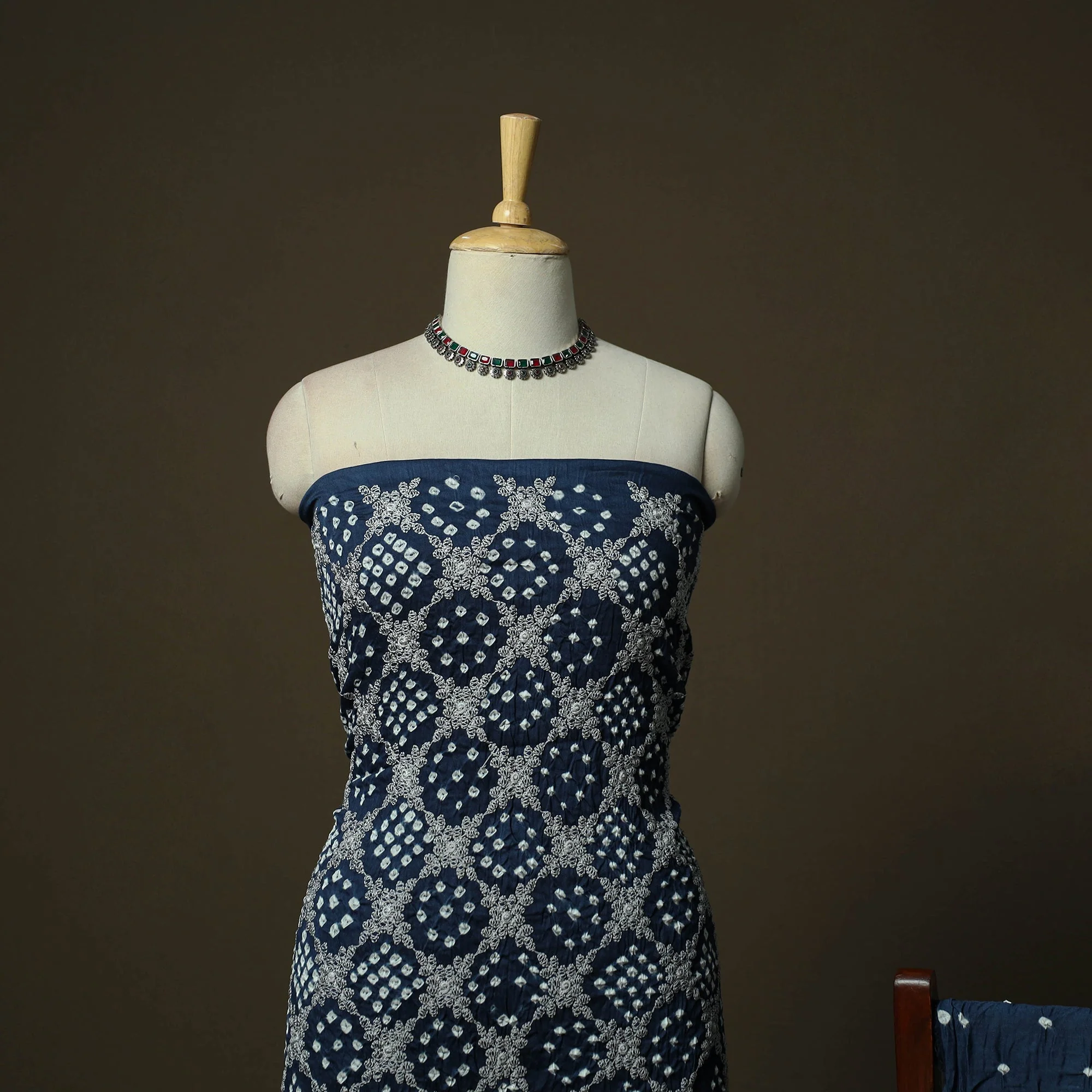 Blue - Kutch Tie-Dye Satin Cotton Bandhani 3pc Unstitched Dress Material 331 - Image 3
