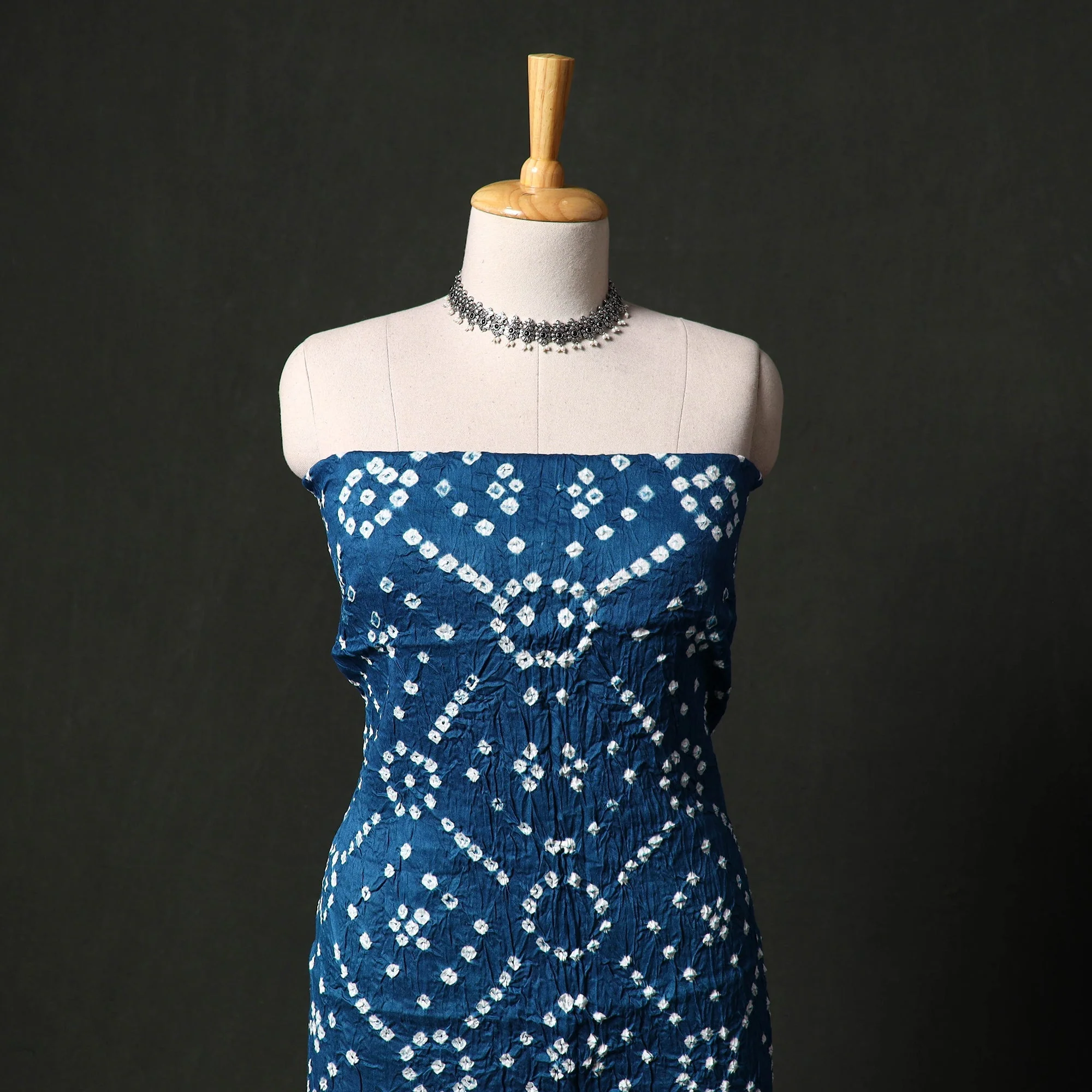 Blue - Kutch Tie-Dye Satin Cotton Bandhani 3pc Unstitched Dress Material 35 - Image 2