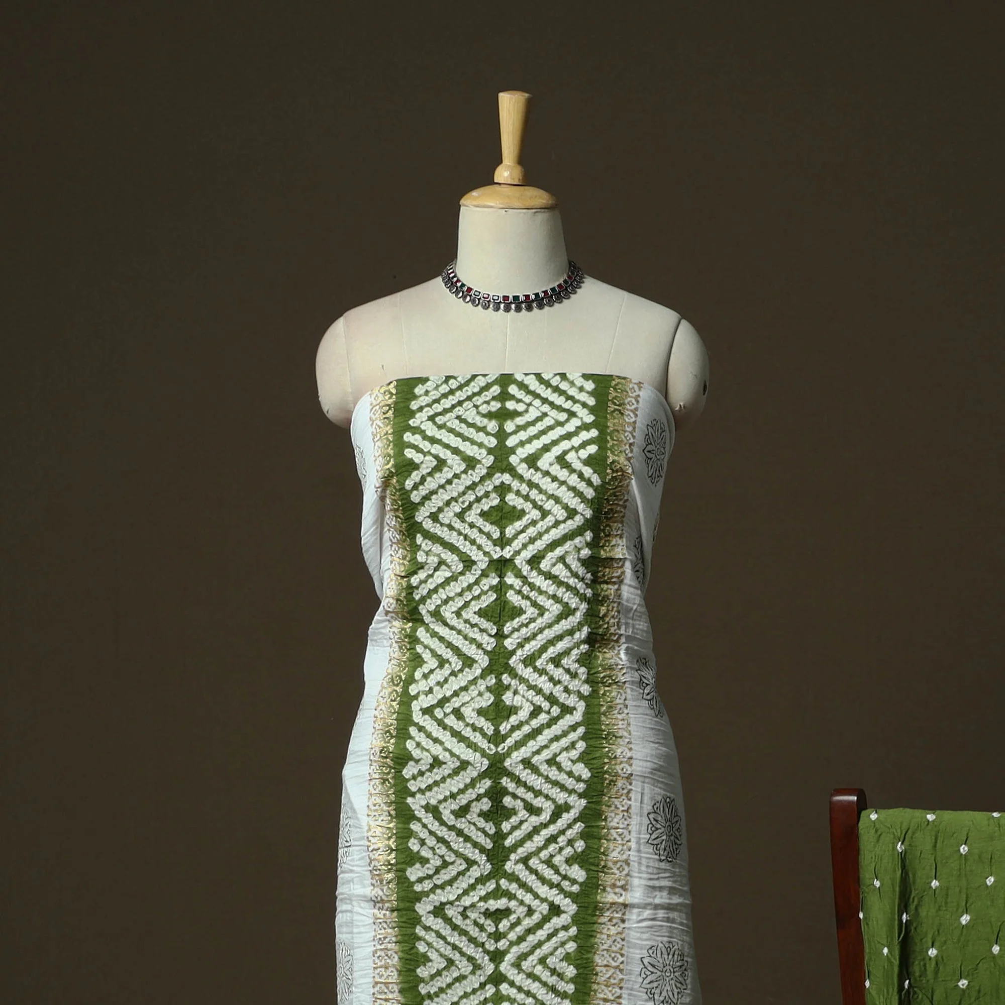Green - Kutch Tie-Dye Satin Cotton Bandhani 3pc Unstitched Dress Material 352 - Image 2