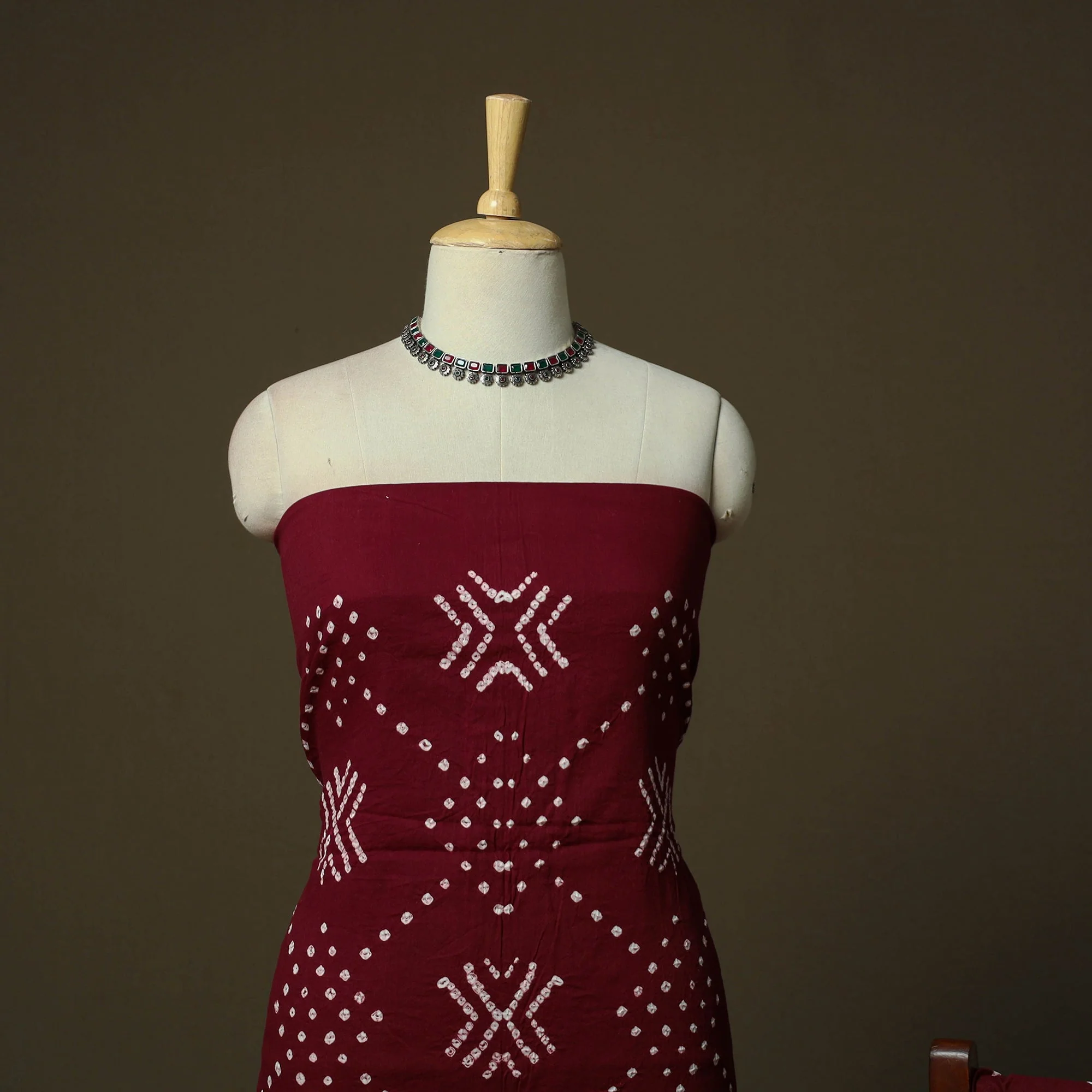 Maroon - Kutch Tie-Dye Satin Cotton Bandhani 3pc Unstitched Dress Material 367 - Image 3