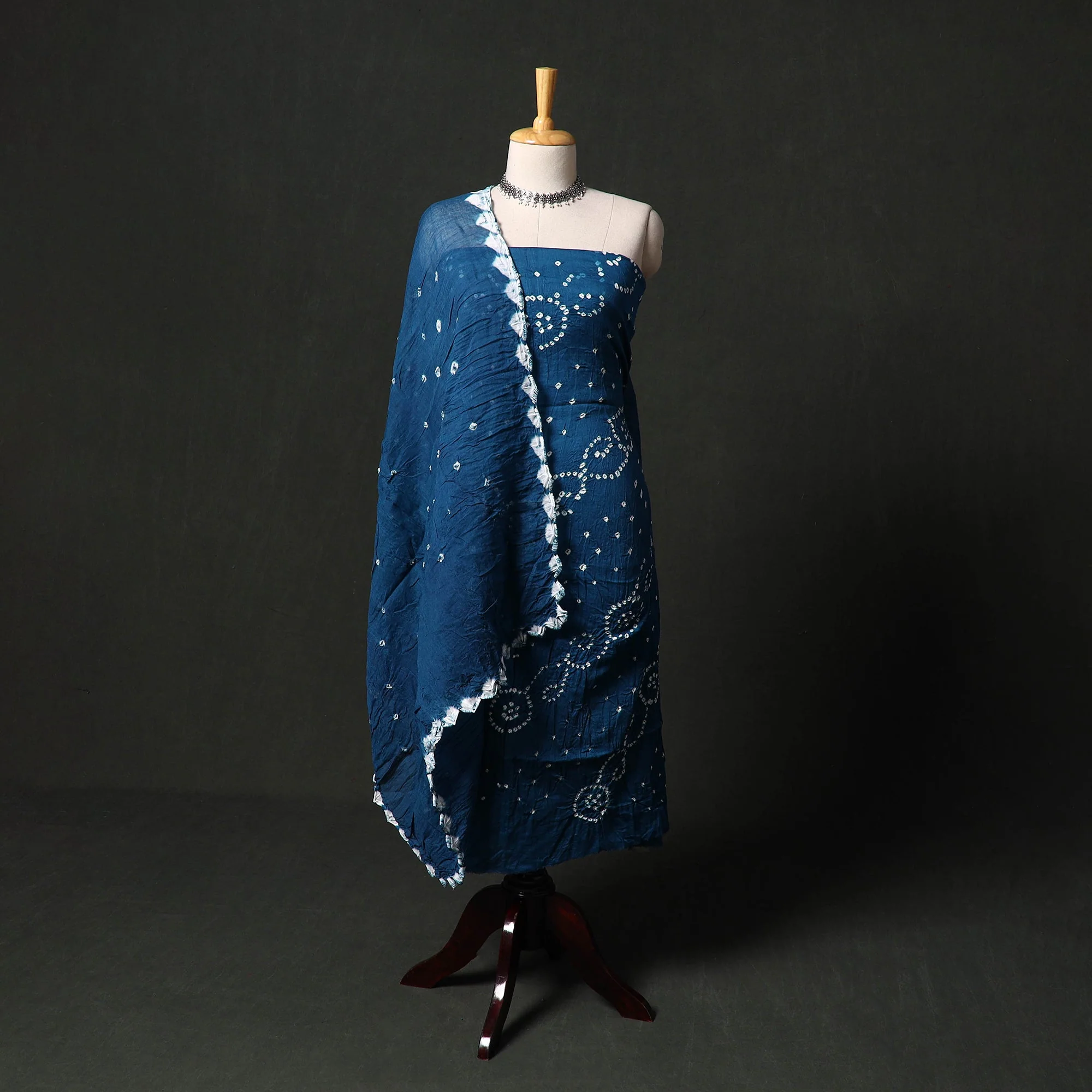 Blue - Kutch Tie-Dye Satin Cotton Bandhani 3pc Unstitched Dress Material 38