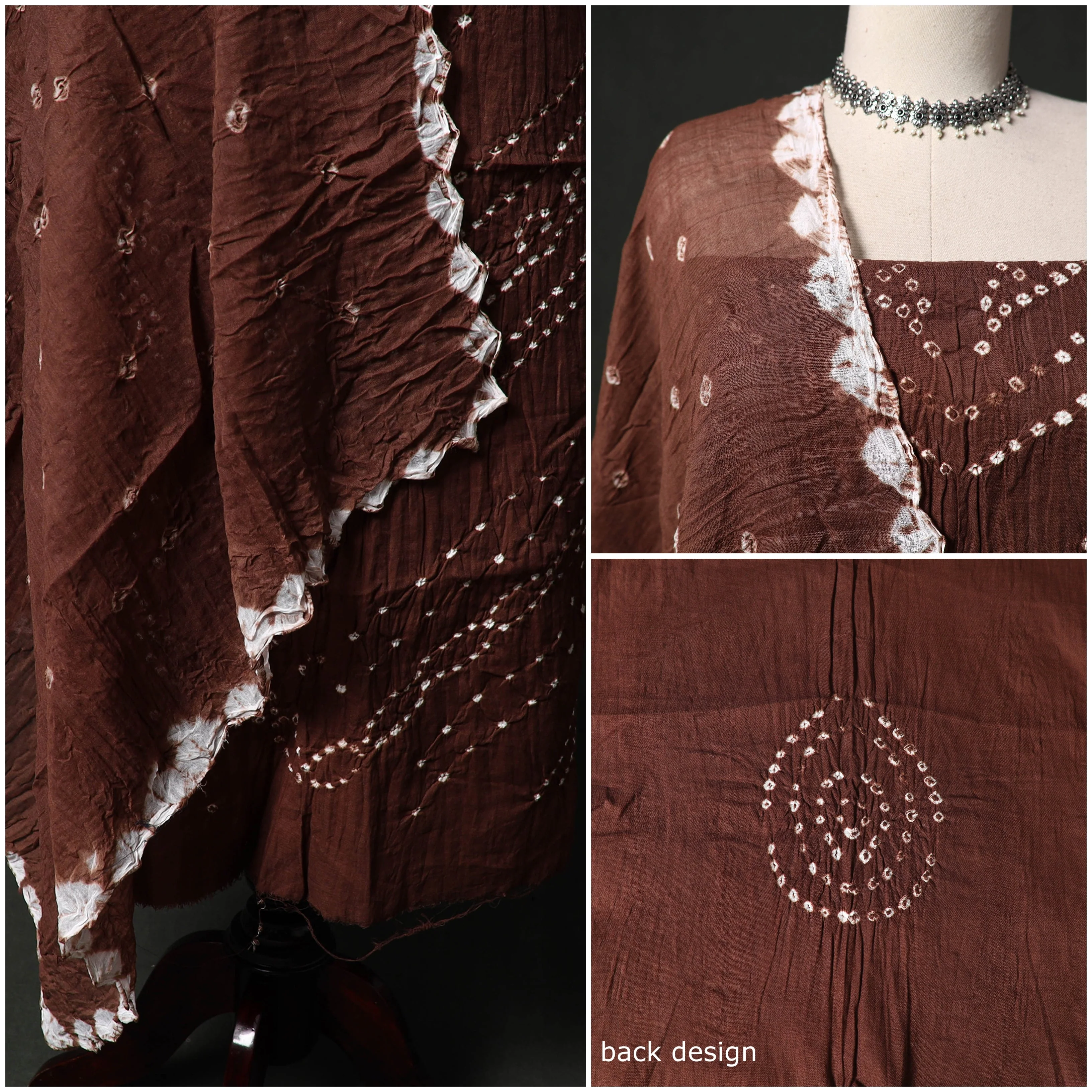 Brown - Kutch Tie-Dye Satin Cotton Bandhani 3pc Unstitched Dress Material 39 - Image 3