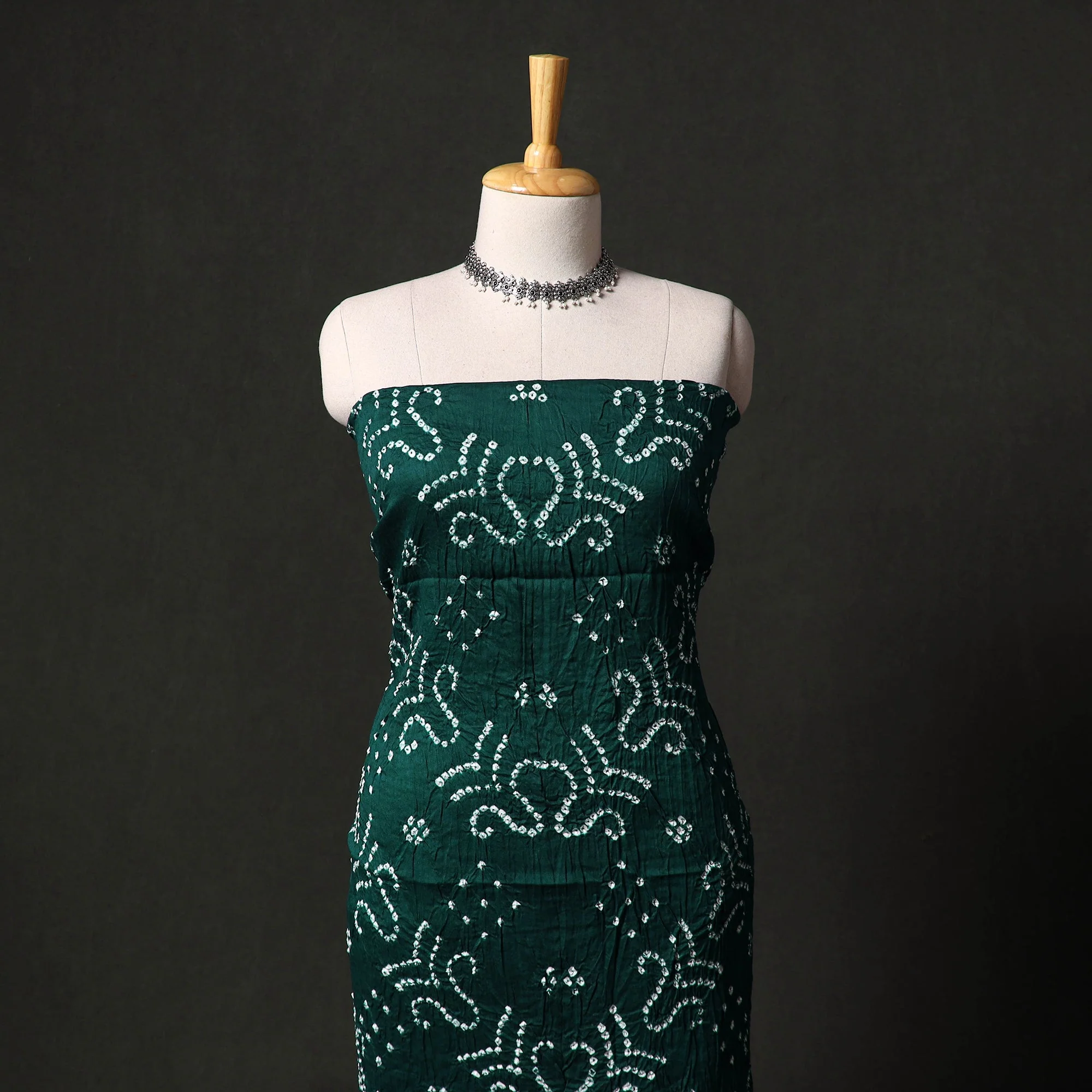 Green - Kutch Tie-Dye Satin Cotton Bandhani 3pc Unstitched Dress Material 40 - Image 2
