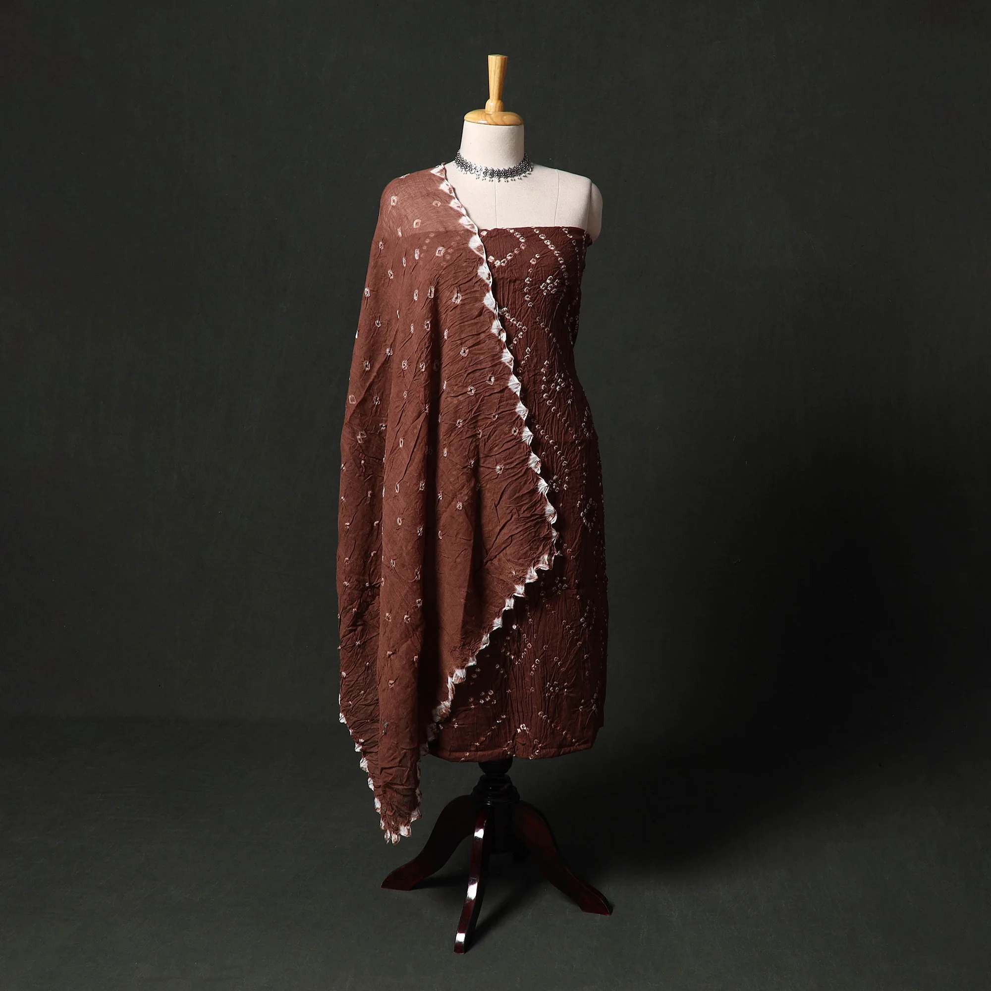 Brown - Kutch Tie-Dye Satin Cotton Bandhani 3pc Unstitched Dress Material 44