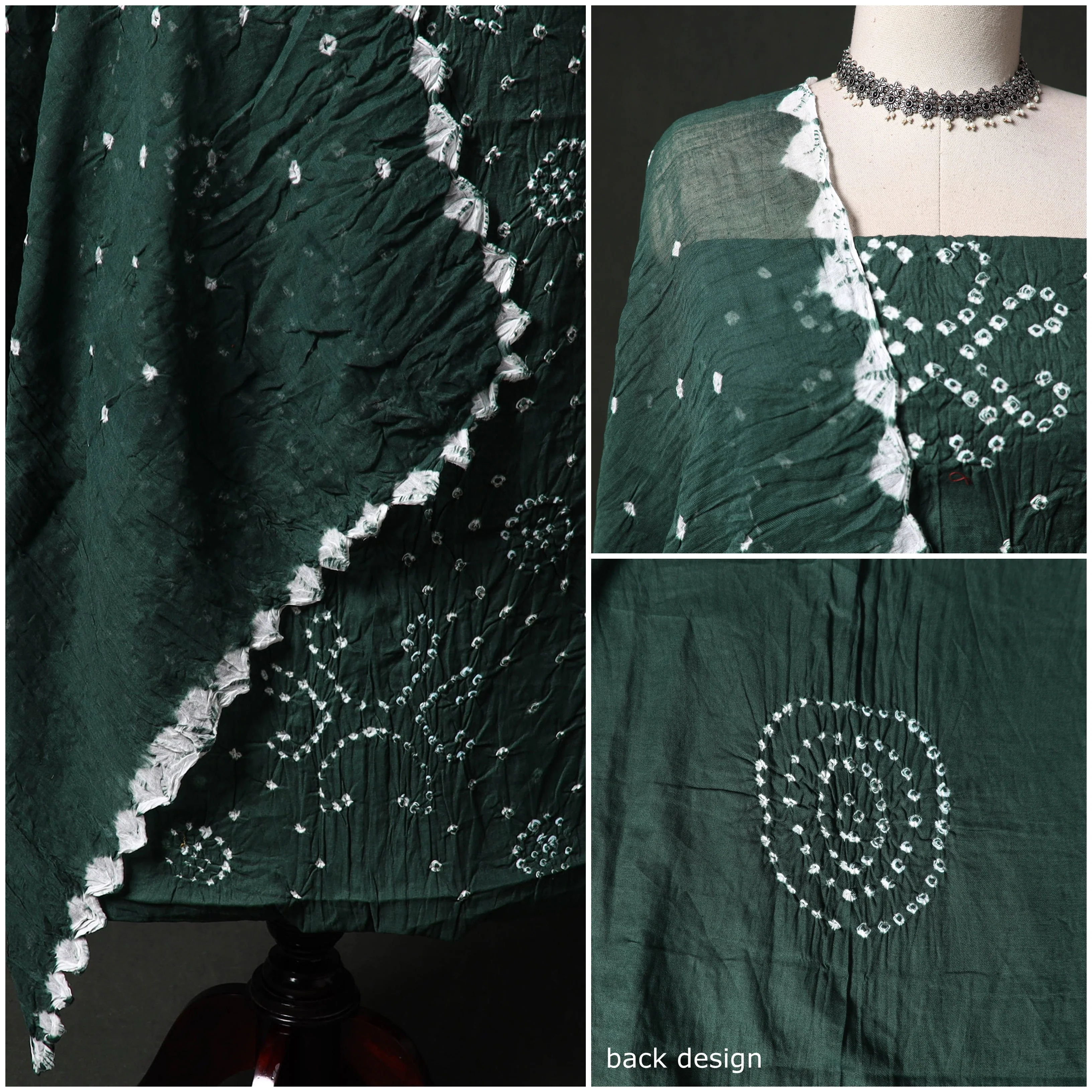 Green - Kutch Tie-Dye Satin Cotton Bandhani 3pc Unstitched Dress Material 45 - Image 3