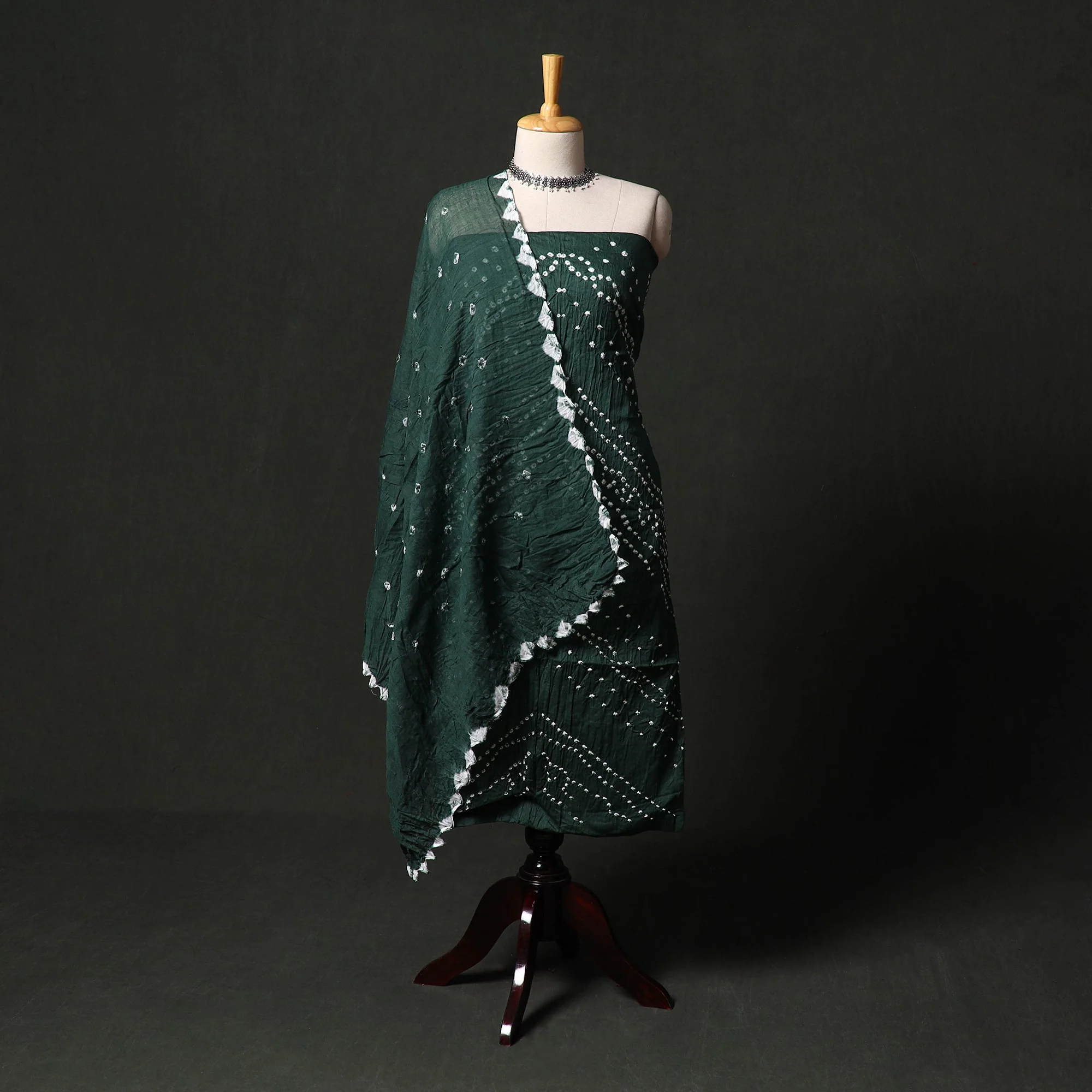 Green - Kutch Tie-Dye Satin Cotton Bandhani 3pc Unstitched Dress Material 59