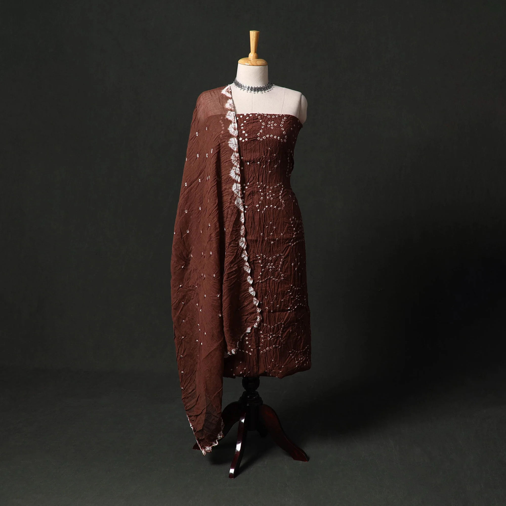 Brown - Kutch Tie-Dye Satin Cotton Bandhani 3pc Unstitched Dress Material 63