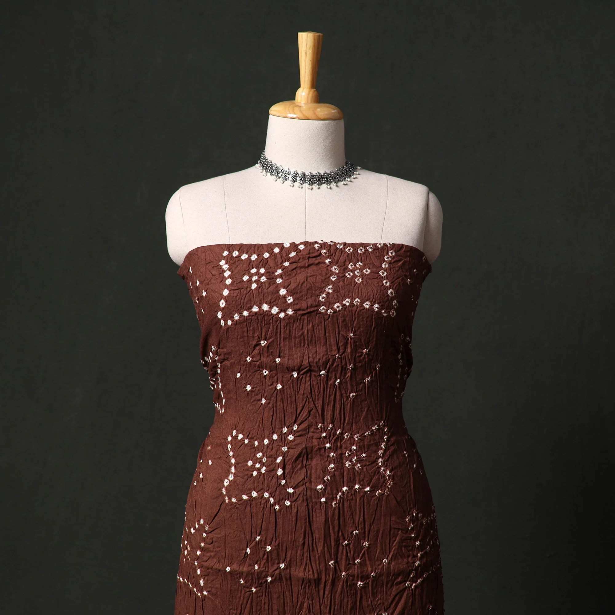 Brown - Kutch Tie-Dye Satin Cotton Bandhani 3pc Unstitched Dress Material 63 - Image 2