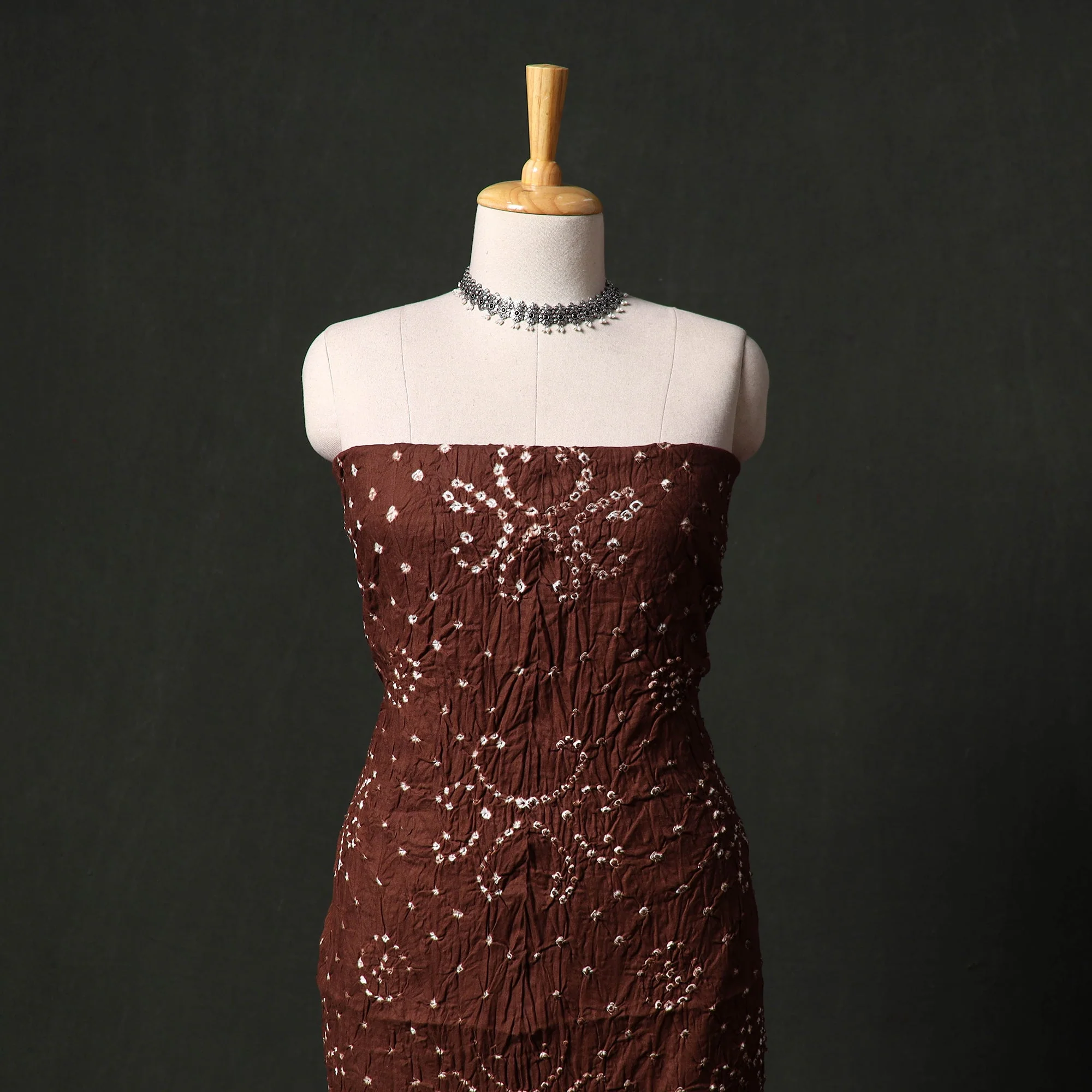 Brown - Kutch Tie-Dye Satin Cotton Bandhani 3pc Unstitched Dress Material 84 - Image 2