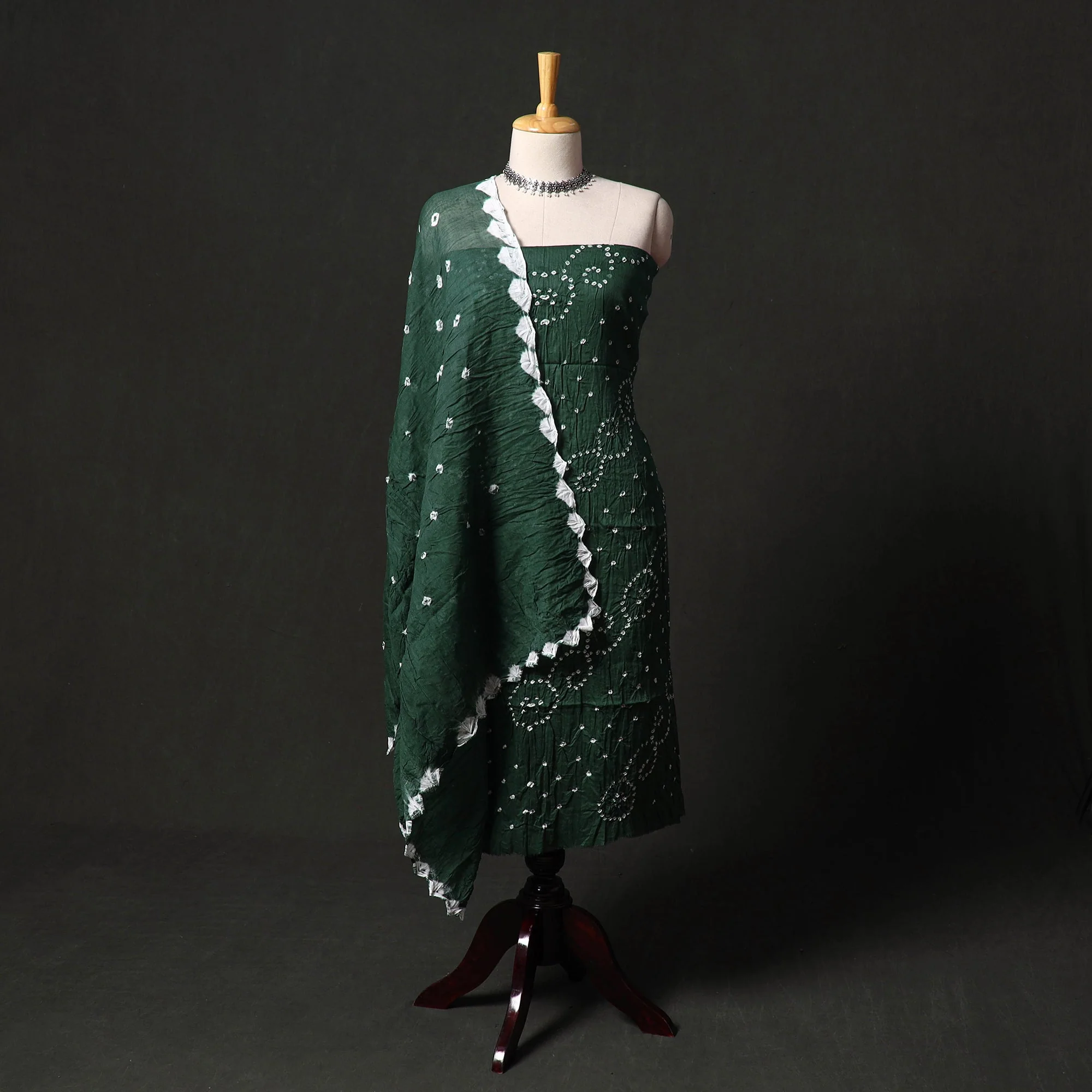 Green - Kutch Tie-Dye Satin Cotton Bandhani 3pc Unstitched Dress Material 87