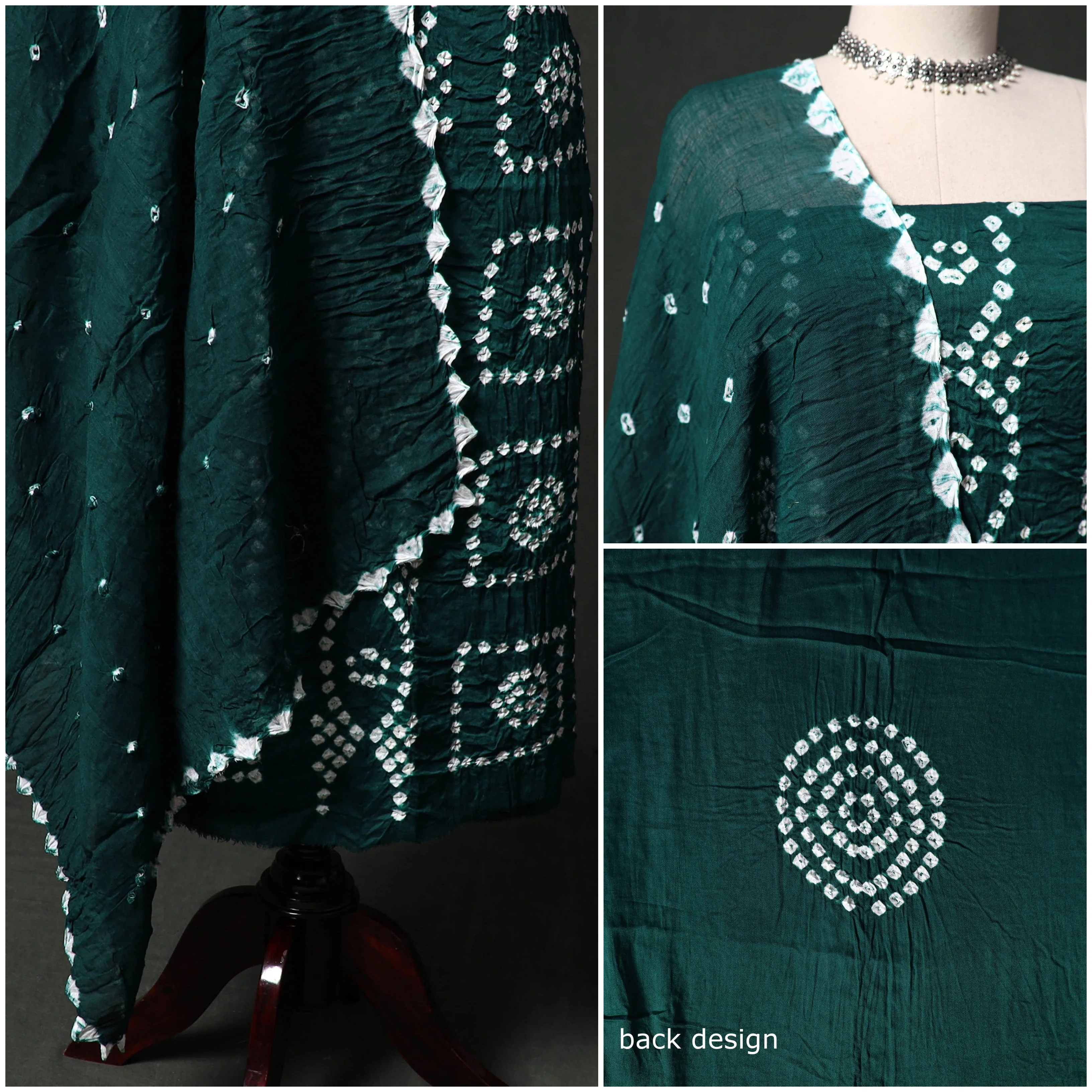 Green - Kutch Tie-Dye Satin Cotton Bandhani 3pc Unstitched Dress Material 93 - Image 3