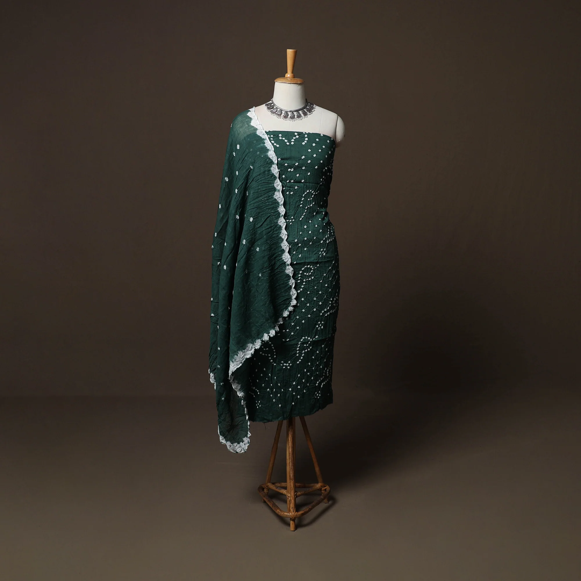 Green - Kutch Tie-Dye Cotton Satin 3pc Unstitched Bandhani Dress Material Suit Set 18