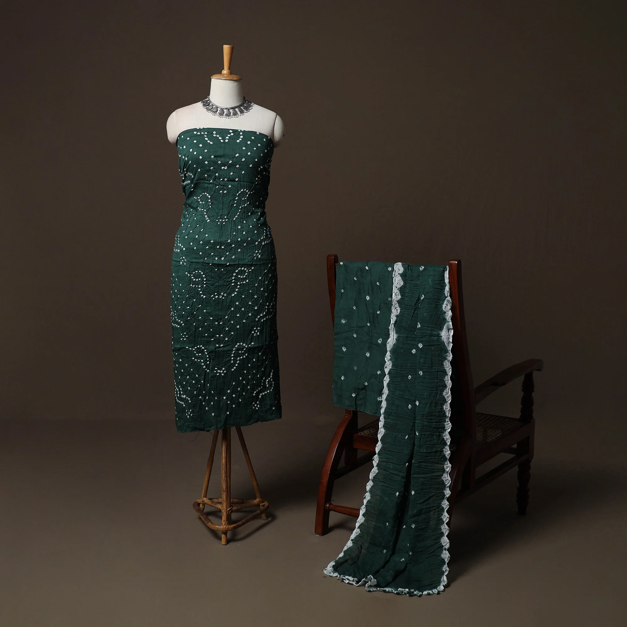 Green - Kutch Tie-Dye Cotton Satin 3pc Unstitched Bandhani Dress Material Suit Set 18 - Image 2