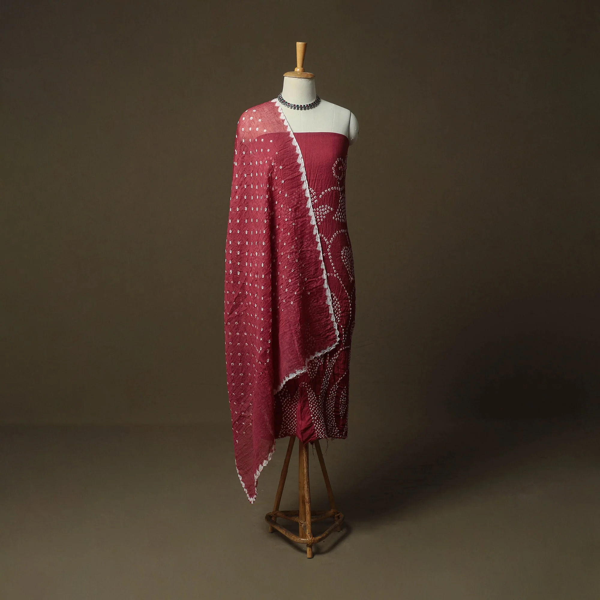 Maroon - Kutch Tie-Dye Satin Cotton Bandhani 3pc Unstitched Dress Material Suit Set 01 - Image 2