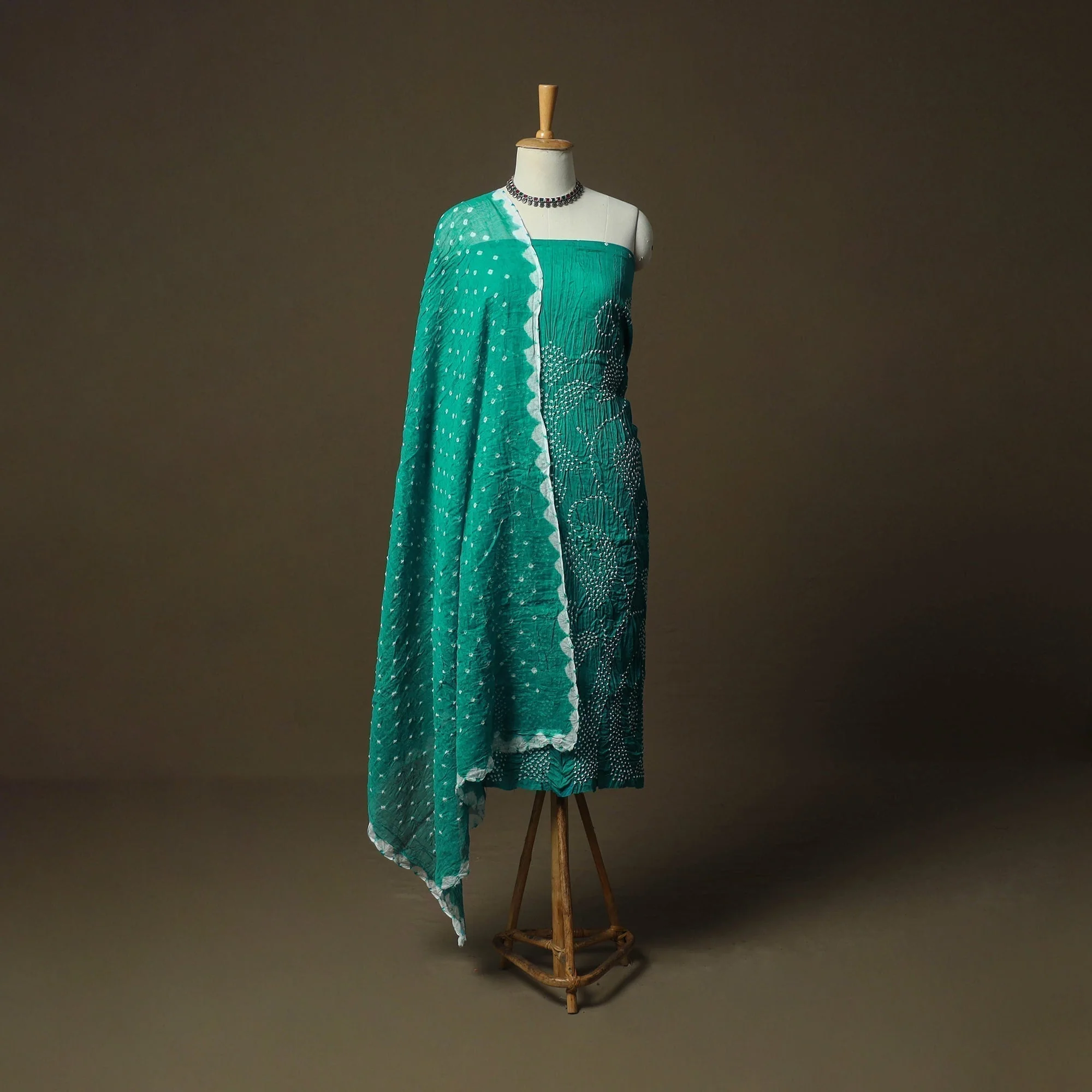 Green - Kutch Tie-Dye Satin Cotton Bandhani 3pc Unstitched Dress Material Suit Set 05 - Image 2