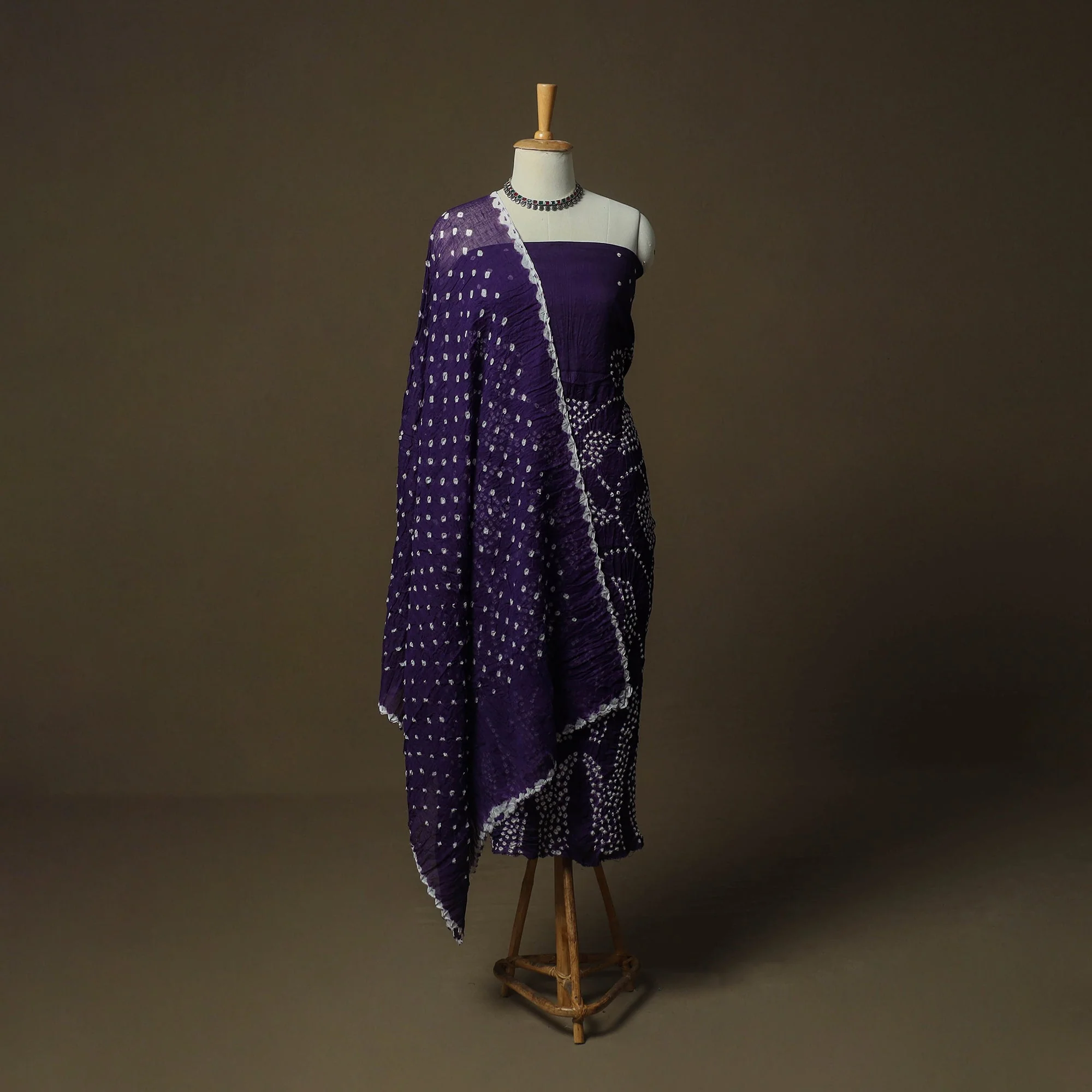 Purple - Kutch Tie-Dye Satin Cotton Bandhani 3pc Unstitched Dress Material Suit Set 06 - Image 2