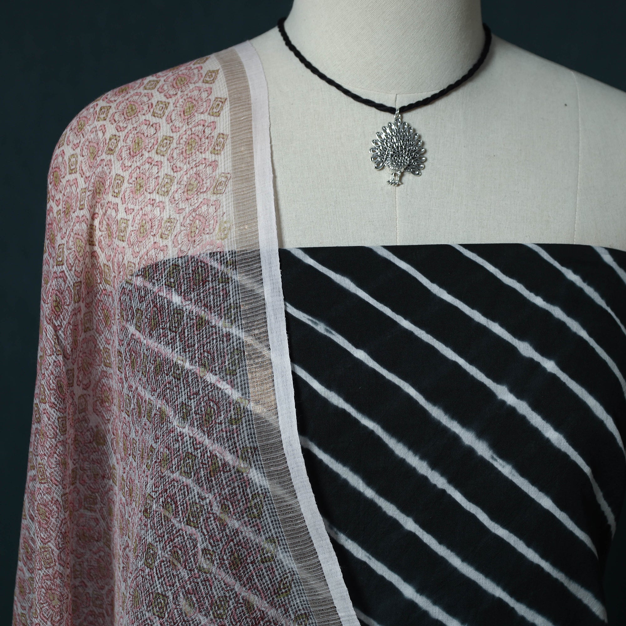 Black - Leheriya Tie-Dye Cotton 2pc Unstitched Dress Material Kurta Set with Jewellery Set 28 - Image 3