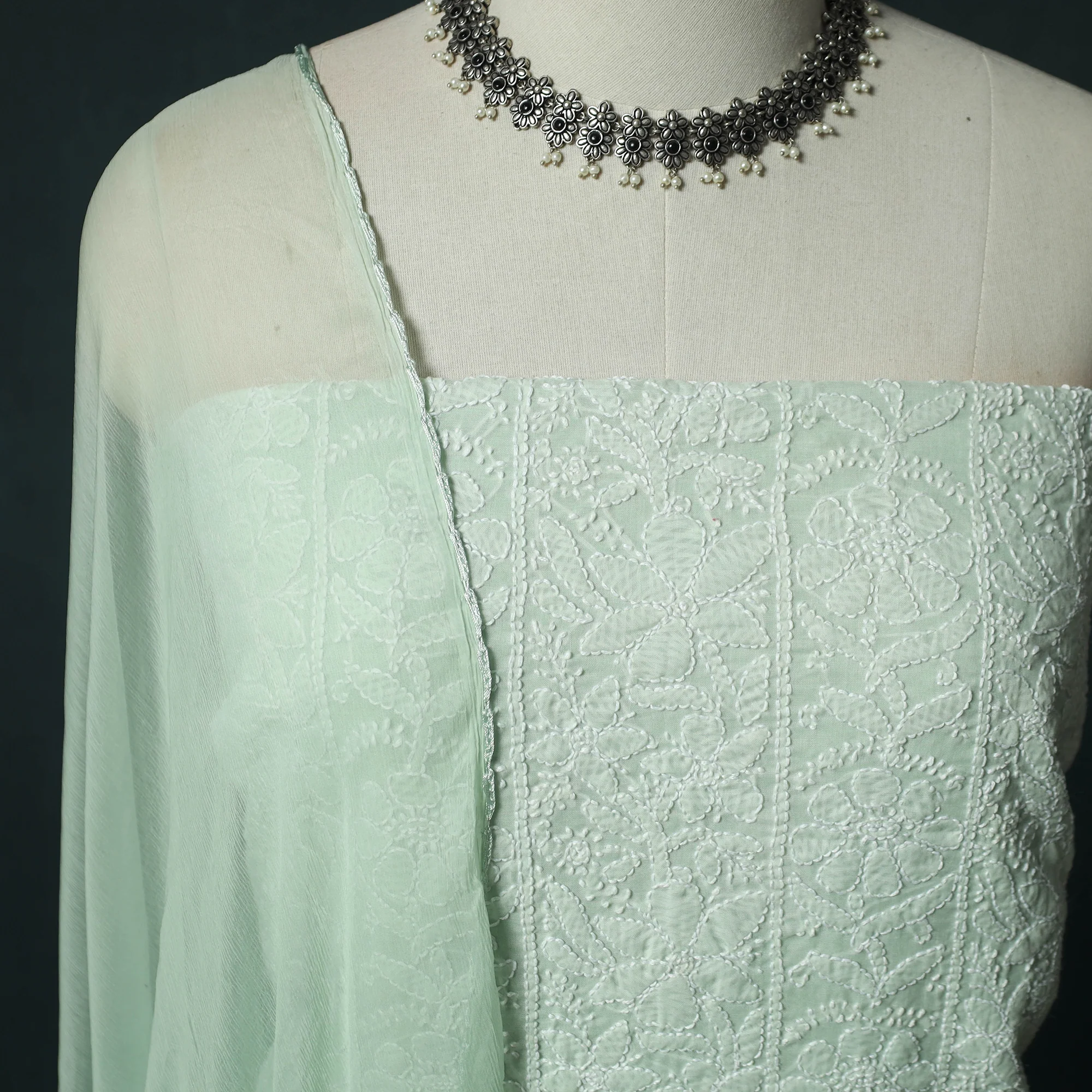 Green - Lucknowi Chikankari Hand Embroidered Cotton 3pc Unstitched Dress Material Suit Set 01 - Image 4
