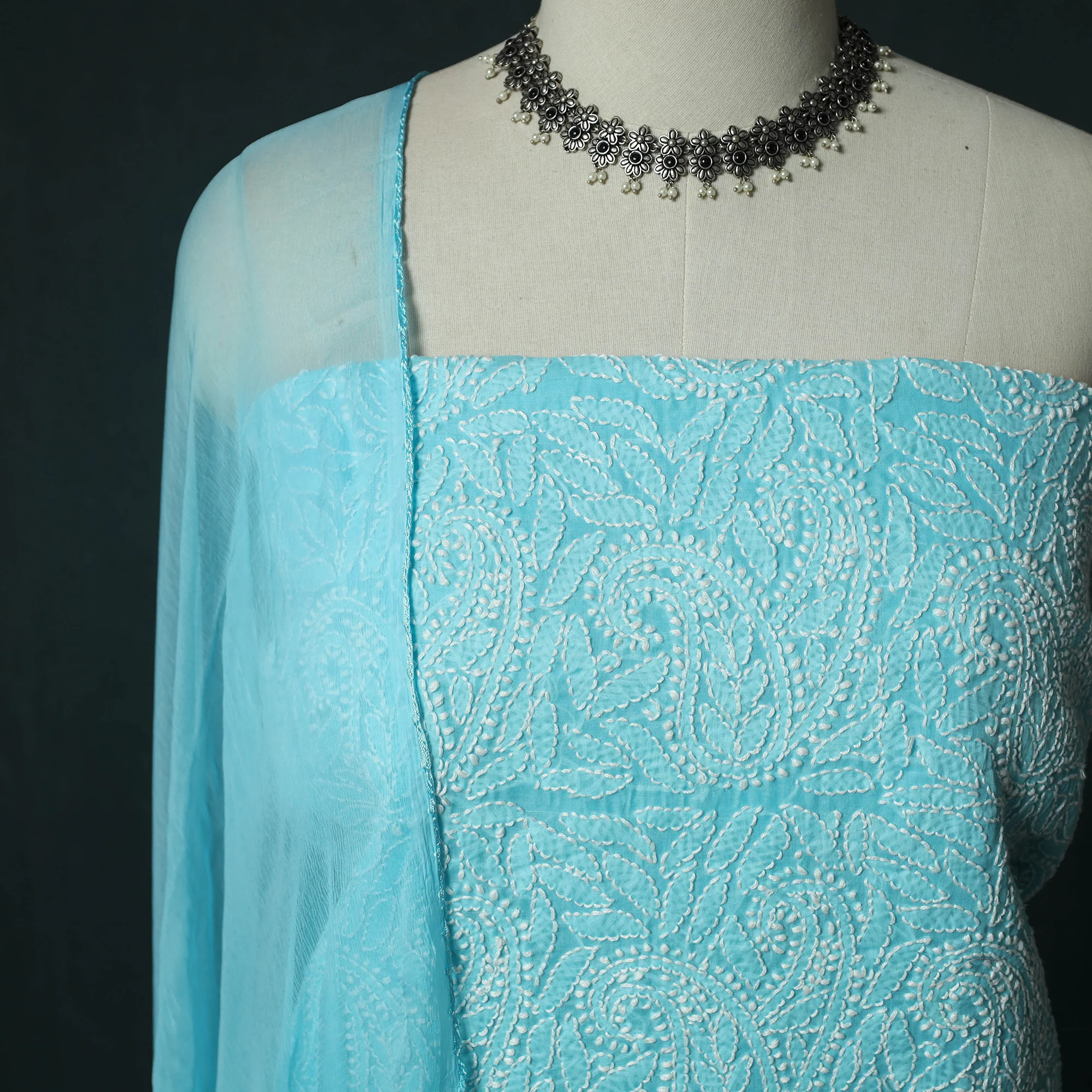 Blue - Lucknowi Chikankari Hand Embroidered Cotton 3pc Unstitched Dress Material Suit Set 05 - Image 4