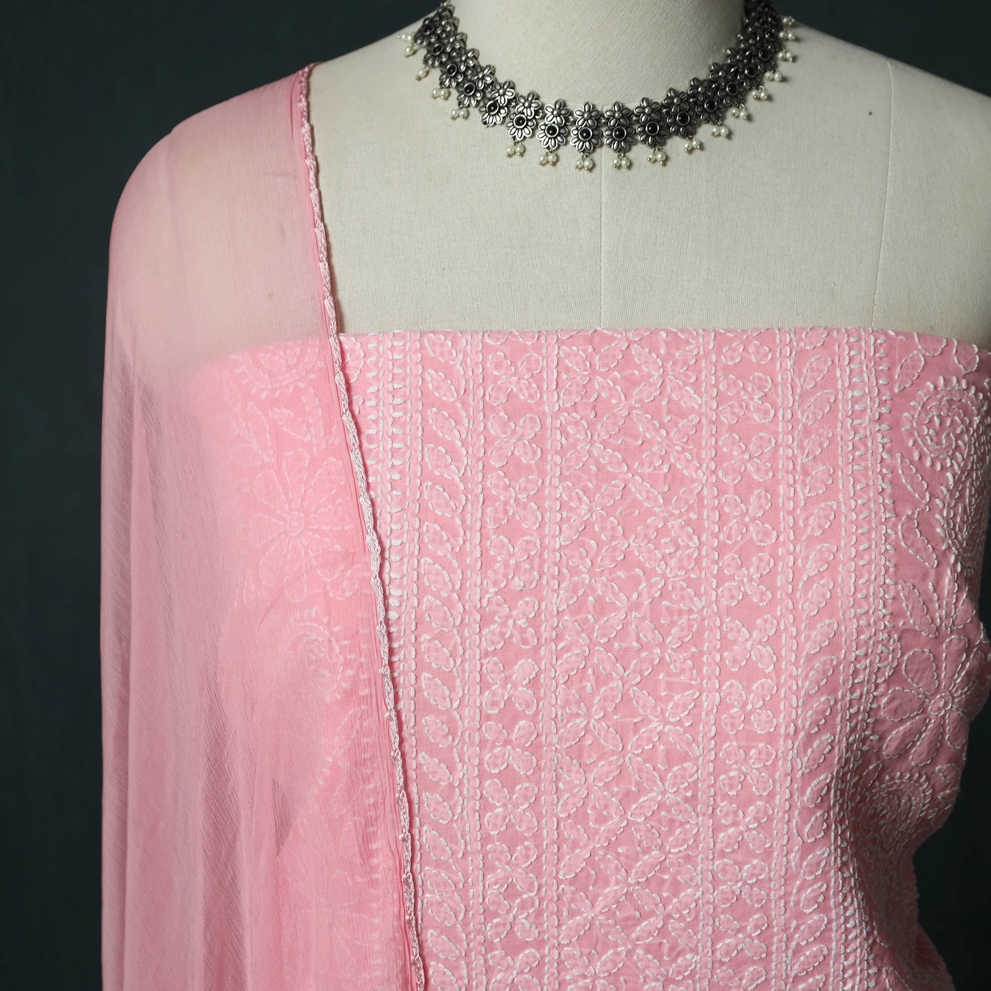 Pink - Lucknowi Chikankari Hand Embroidered Cotton 3pc Unstitched Dress Material Suit Set 06 - Image 4