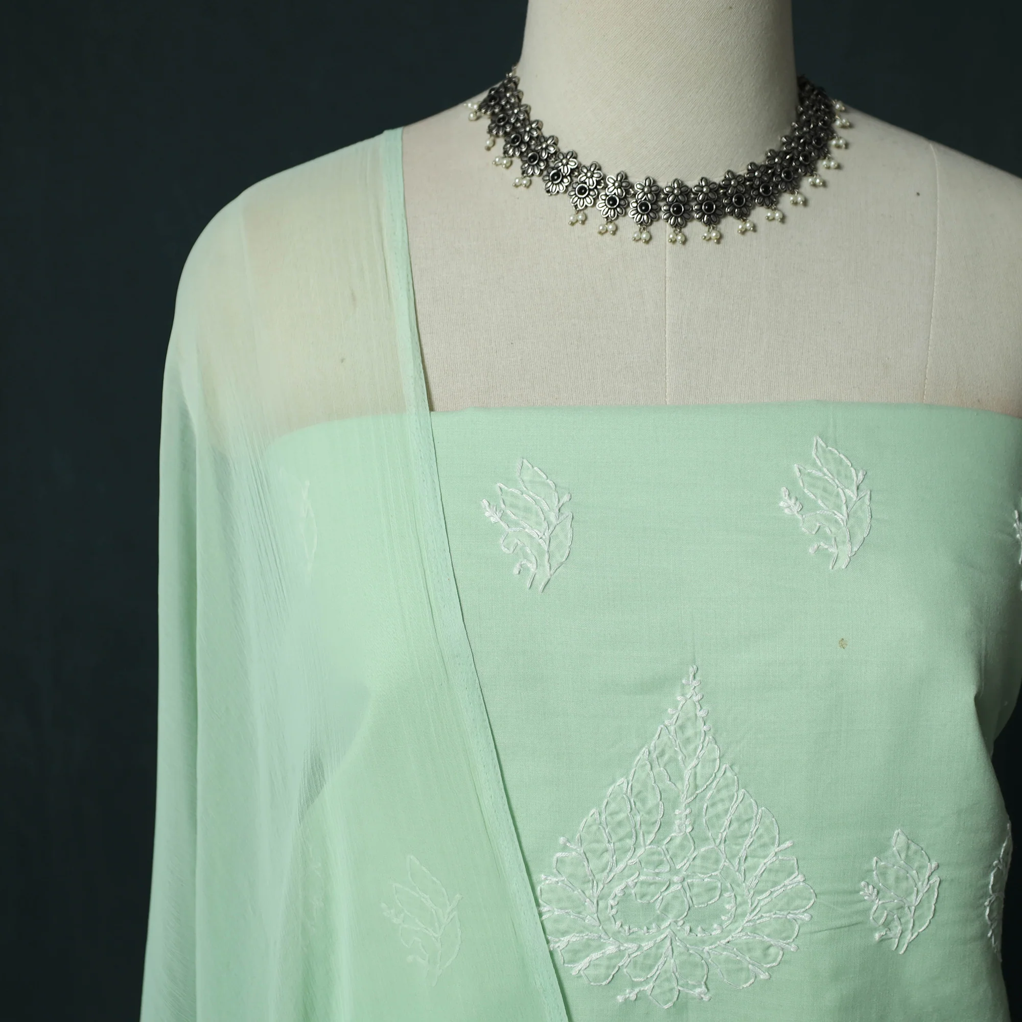 Green - Lucknowi Chikankari Hand Embroidered Cotton 3pc Unstitched Dress Material Suit Set 36 - Image 4