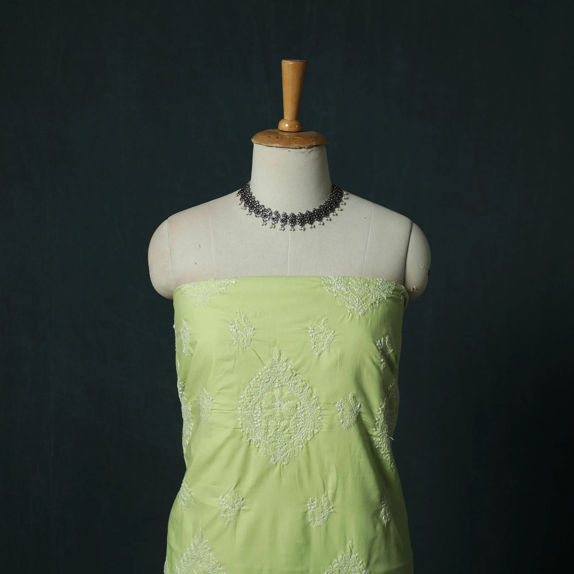 Green - Lucknowi Chikankari Hand Embroidered Cotton 3pc Unstitched Dress Material Suit Set 40 - Image 2