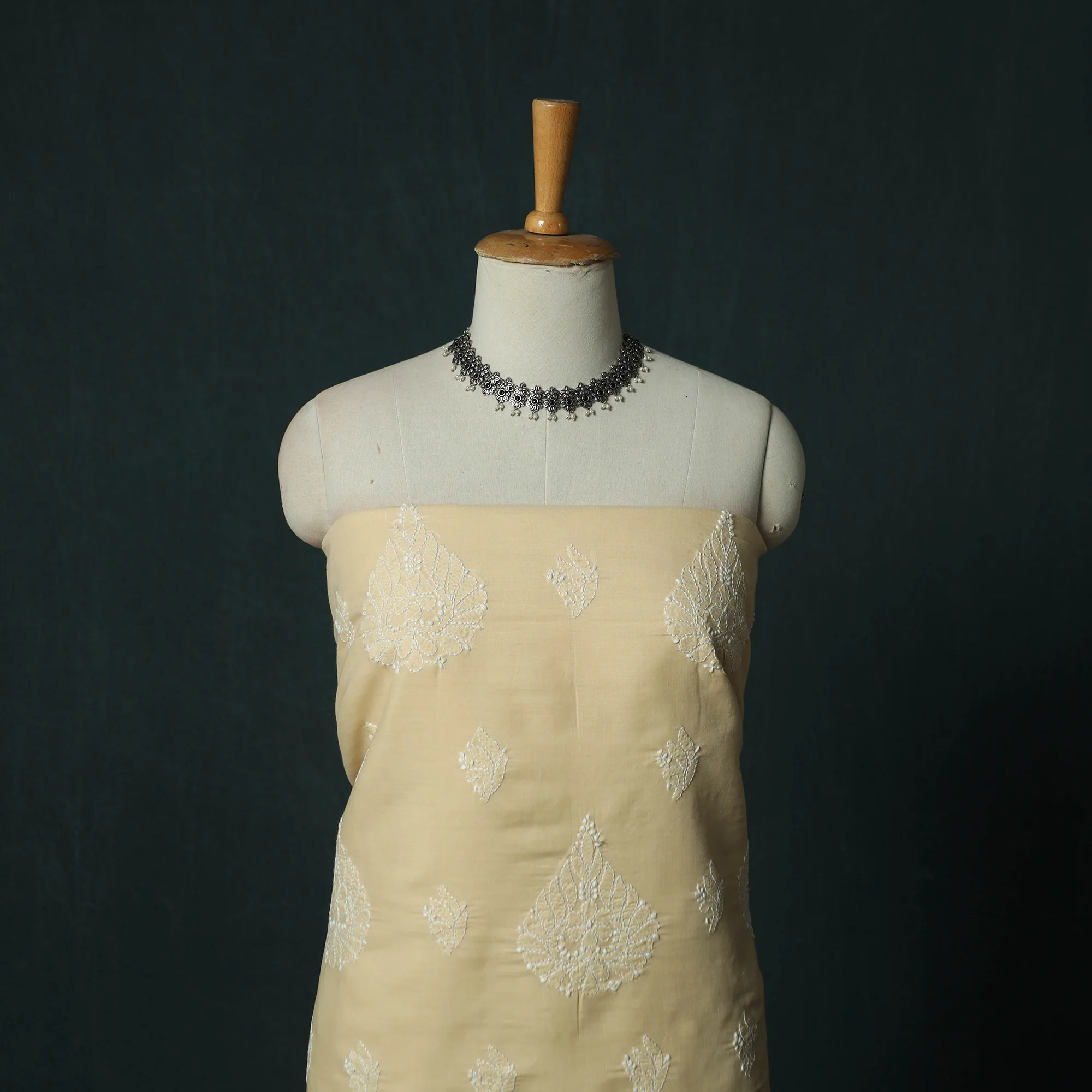 Beige - Lucknowi Chikankari Hand Embroidered Cotton 3pc Unstitched Dress Material Suit Set 43 - Image 2