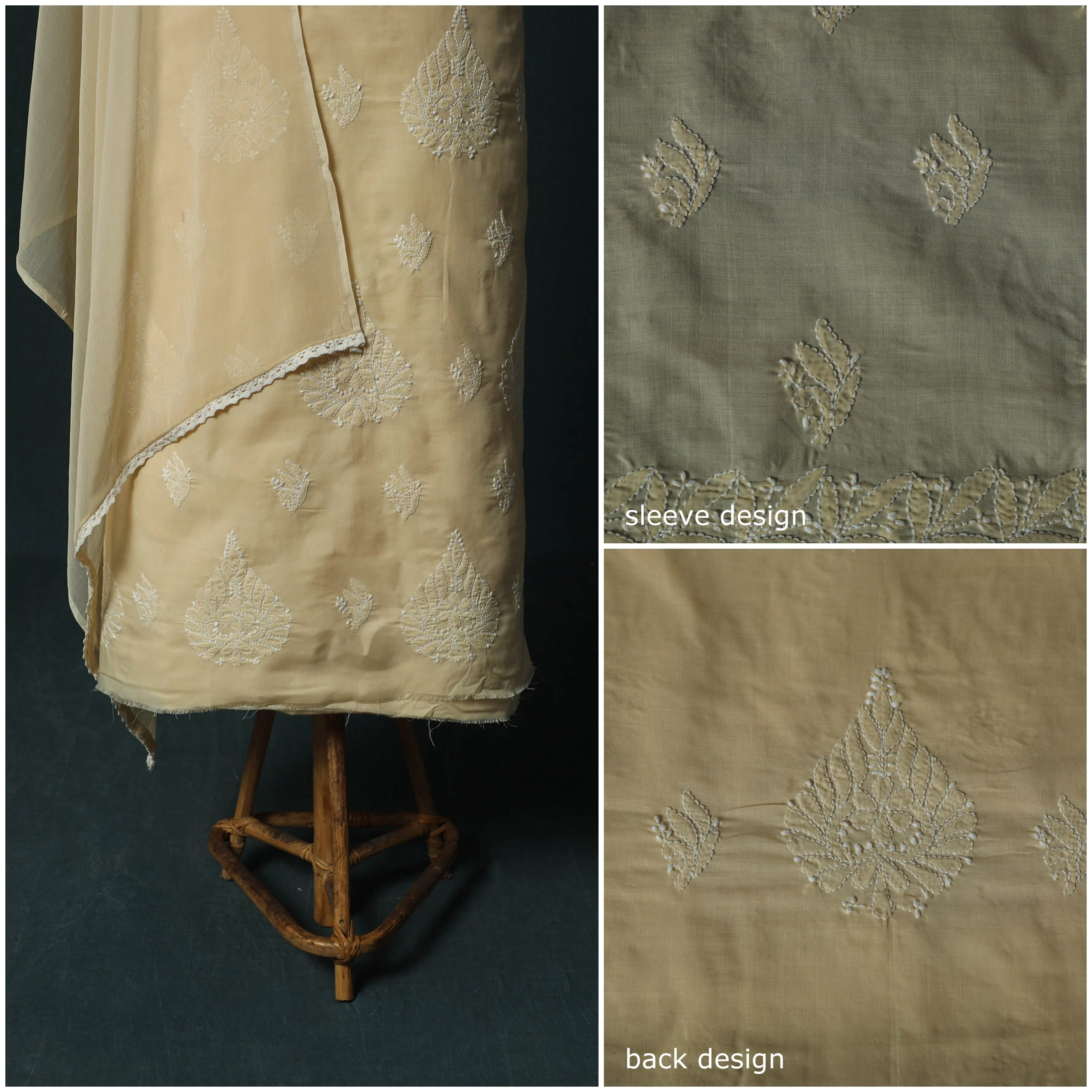 Beige - Lucknowi Chikankari Hand Embroidered Cotton 3pc Unstitched Dress Material Suit Set 43 - Image 3