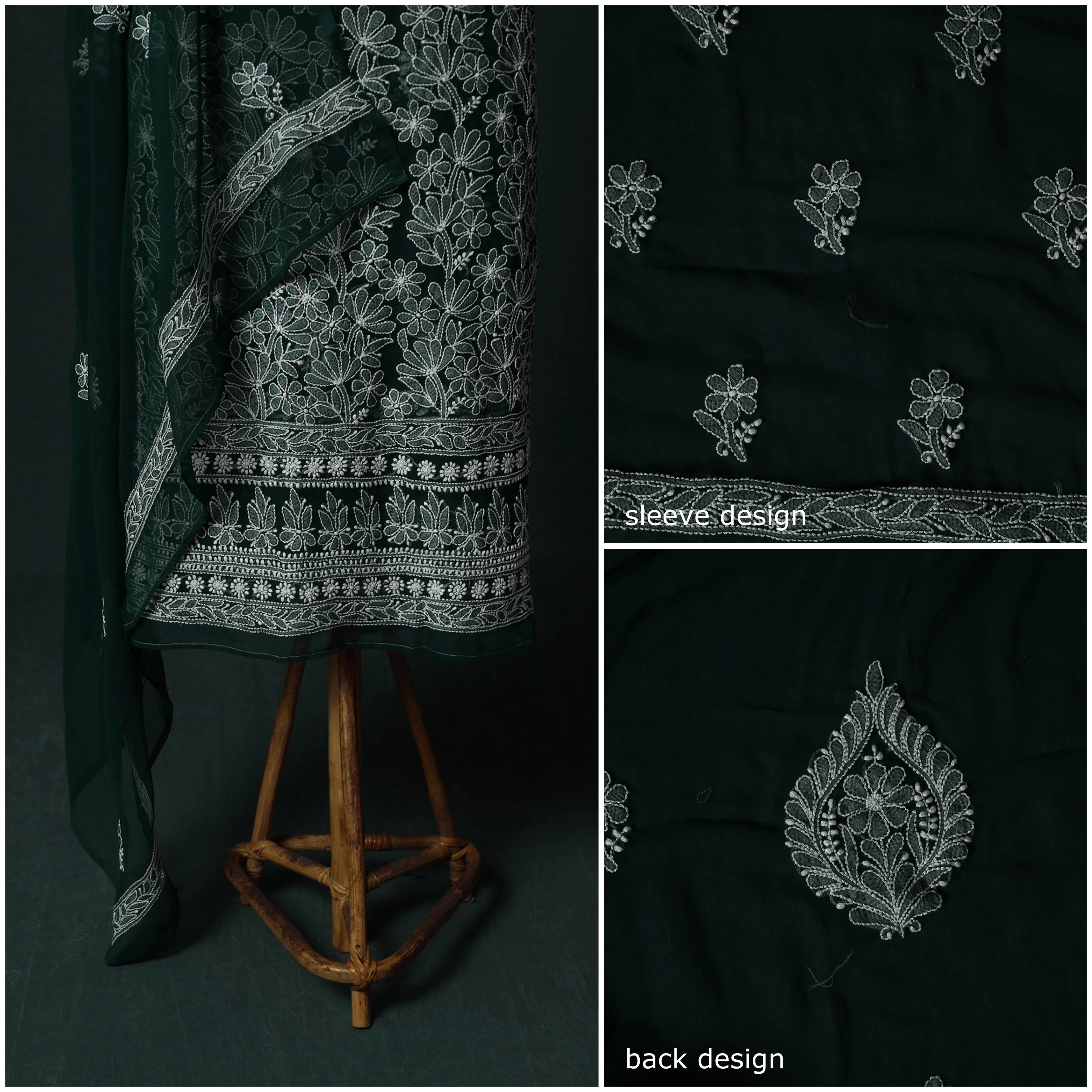 Green - Lucknowi Chikankari Hand Embroidered Georgette 3pc Unstitched Dress Material Suit Set 15 - Image 3