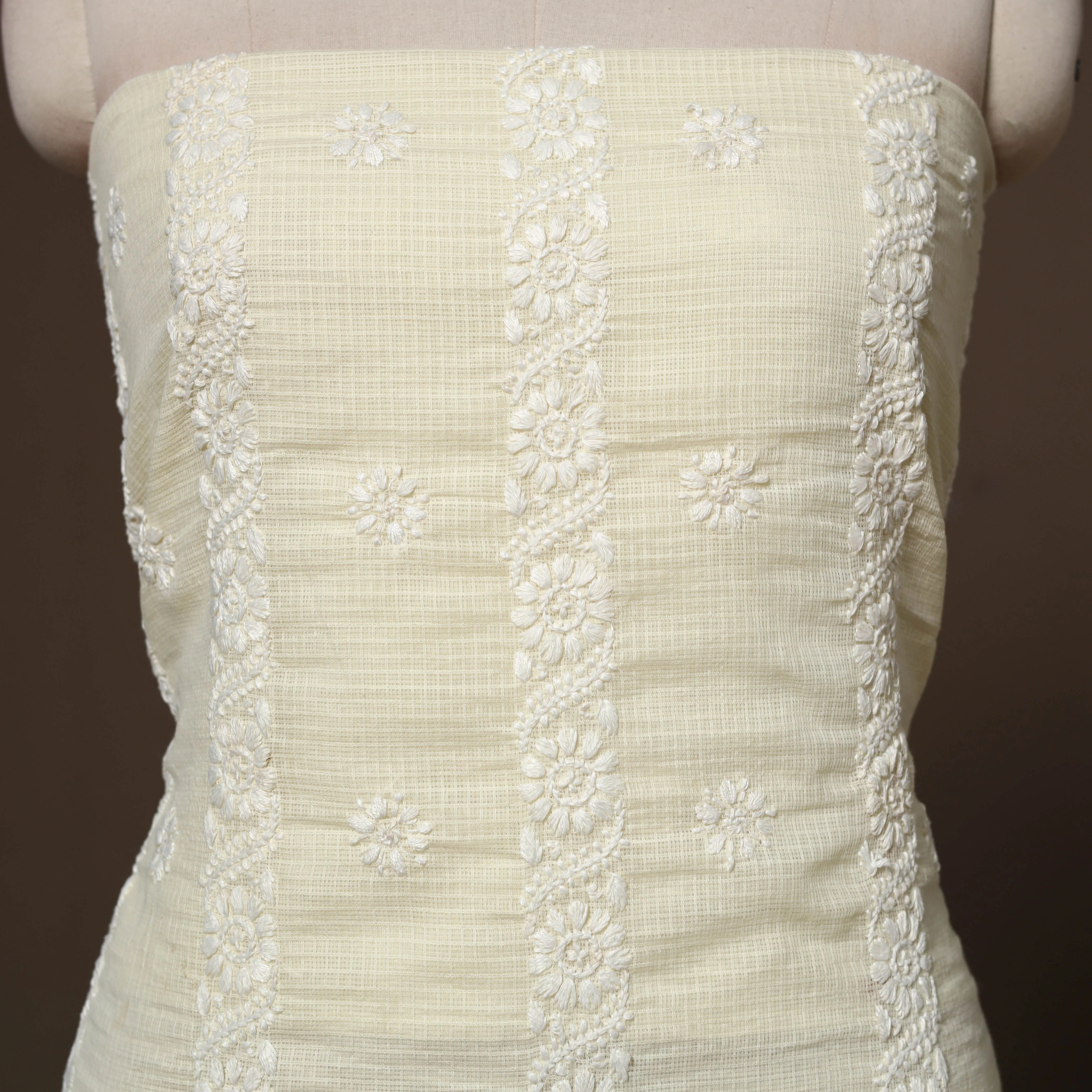 Beige - Lucknowi Chikankari Hand Embroidered Kota Doria Cotton 2pc Unstitched Dress Material 17 - Image 6