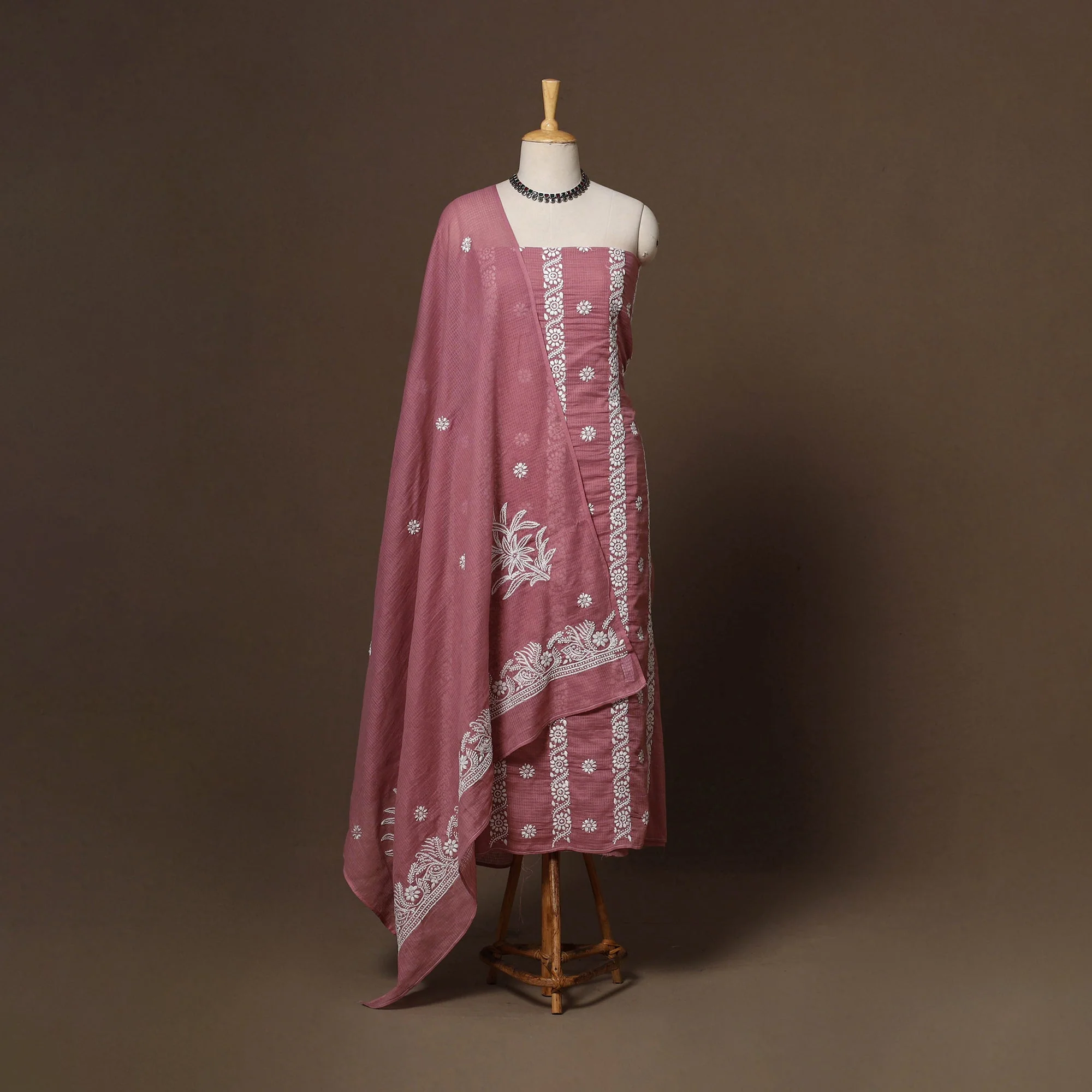 Pink - Lucknowi Chikankari Hand Embroidered Kota Doria Cotton 2pc Unstitched Dress Material 19