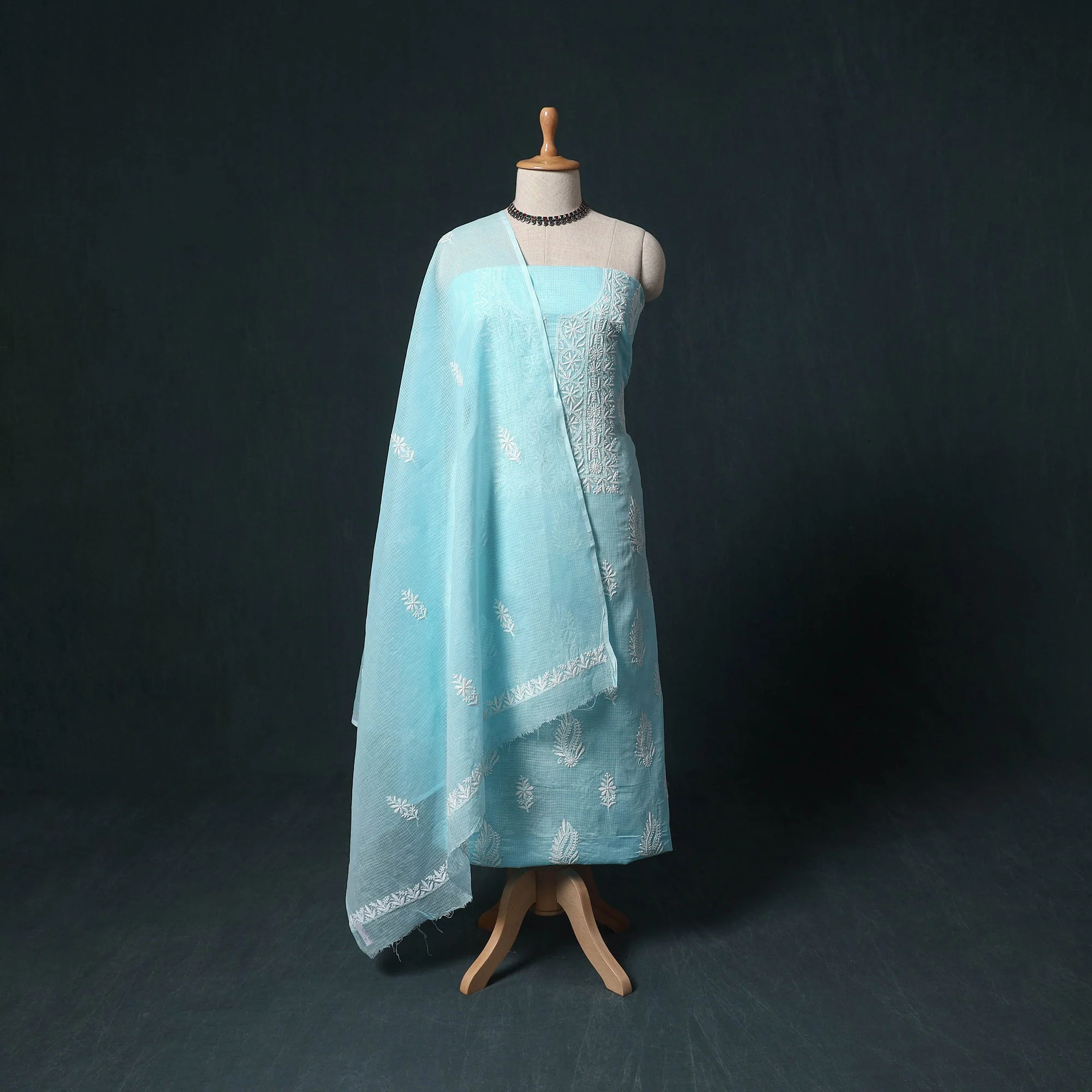 Lucknowi Chikankari Hand Embroidered Kota Doria Cotton 2pc Unstitched Dress Material Kurta Set 05