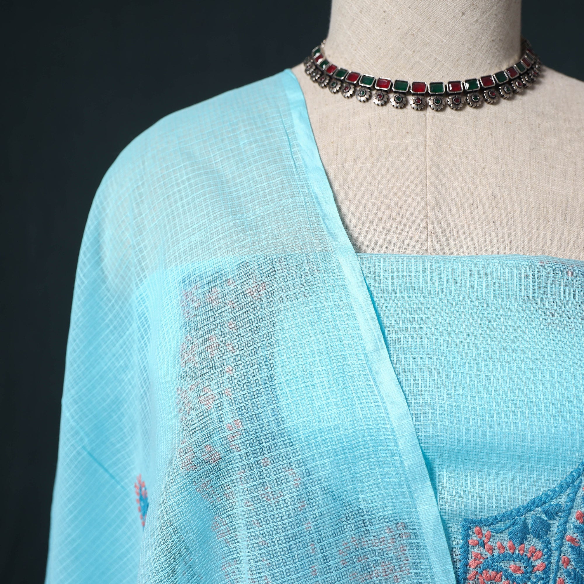 Lucknowi Chikankari Hand Embroidered Kota Doria Cotton 2pc Unstitched Dress Material Kurta Set 10 - Image 3