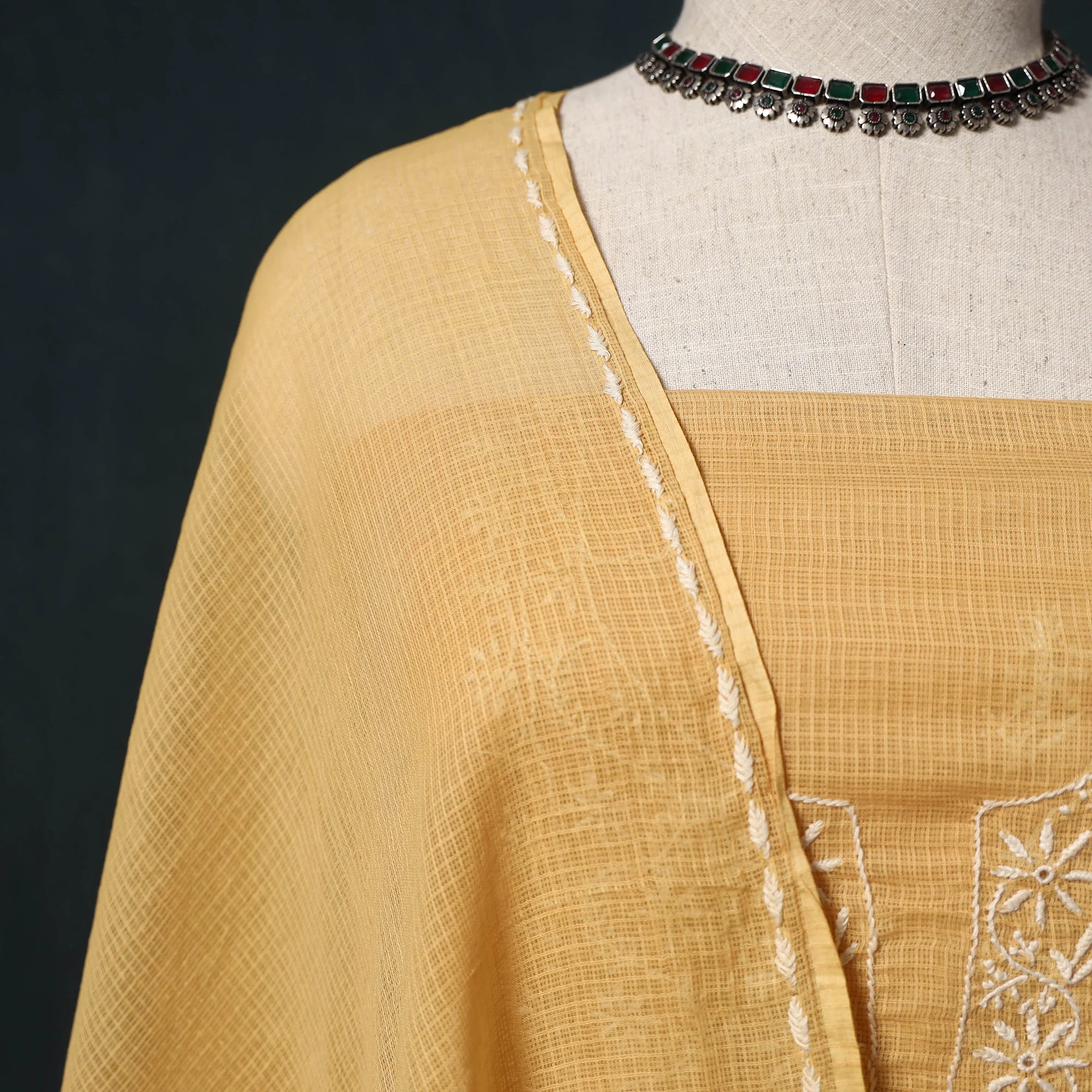 Yellow - Lucknowi Chikankari Hand Embroidered Kota Doria Cotton 2pc Unstitched Dress Material Kurta Set 11 - Image 4