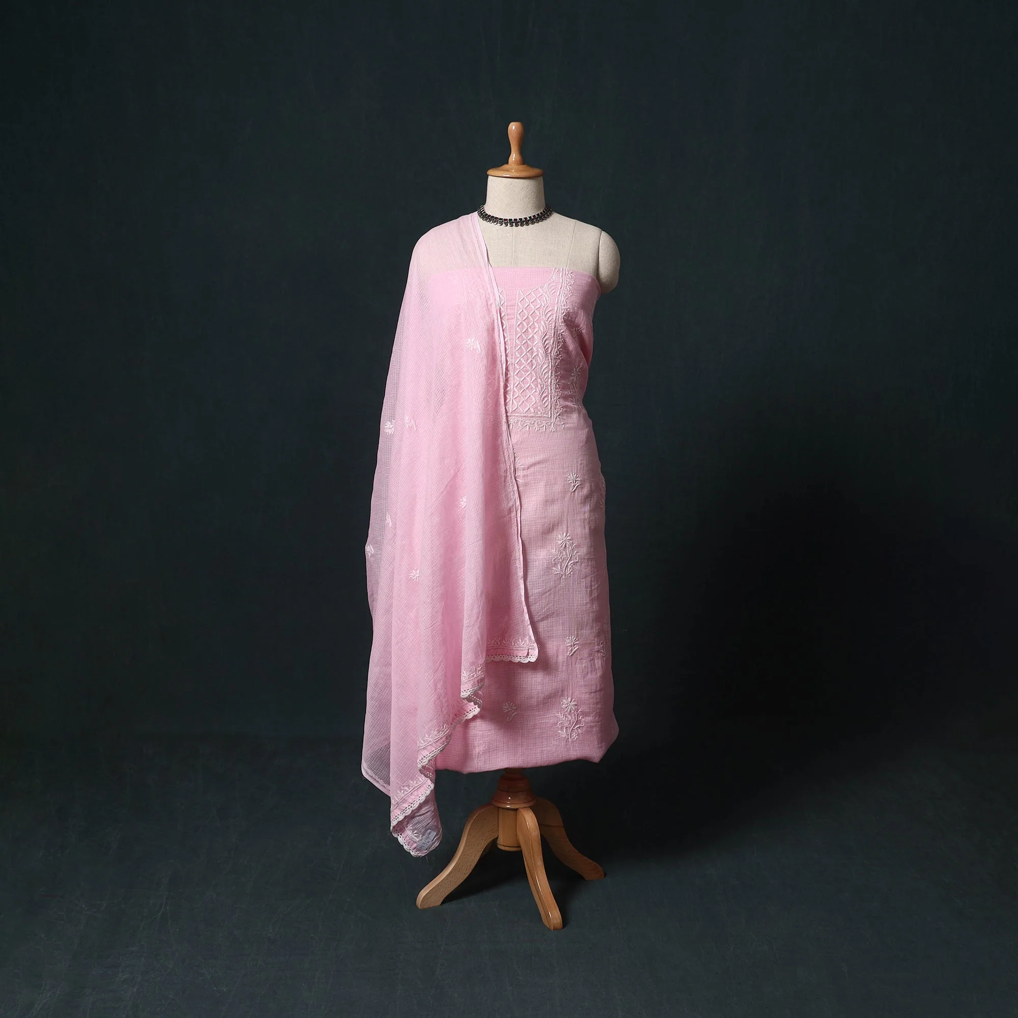 Pink - Lucknowi Chikankari Hand Embroidered Kota Doria Cotton 2pc Unstitched Dress Material Kurta Set 13