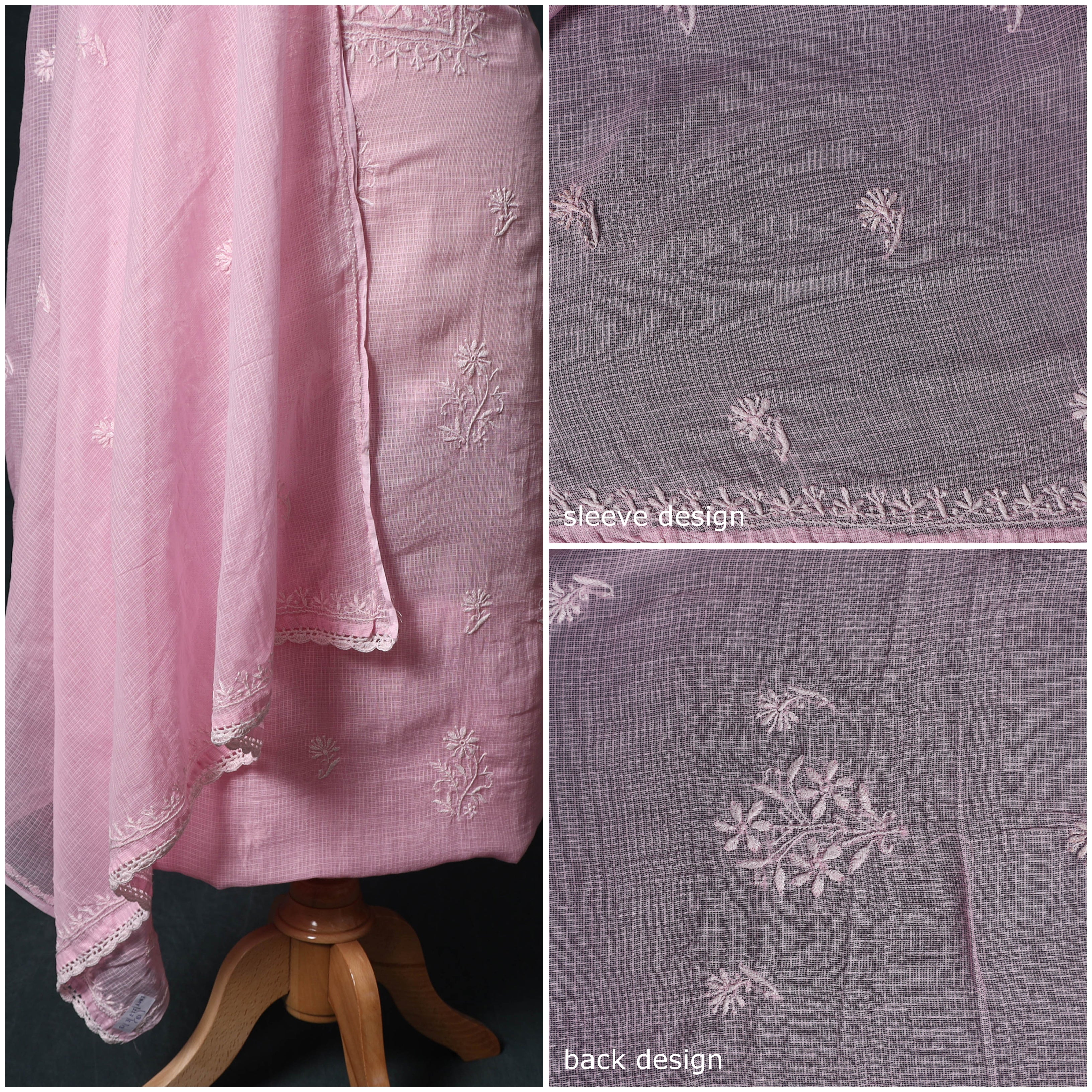 Pink - Lucknowi Chikankari Hand Embroidered Kota Doria Cotton 2pc Unstitched Dress Material Kurta Set 13 - Image 3