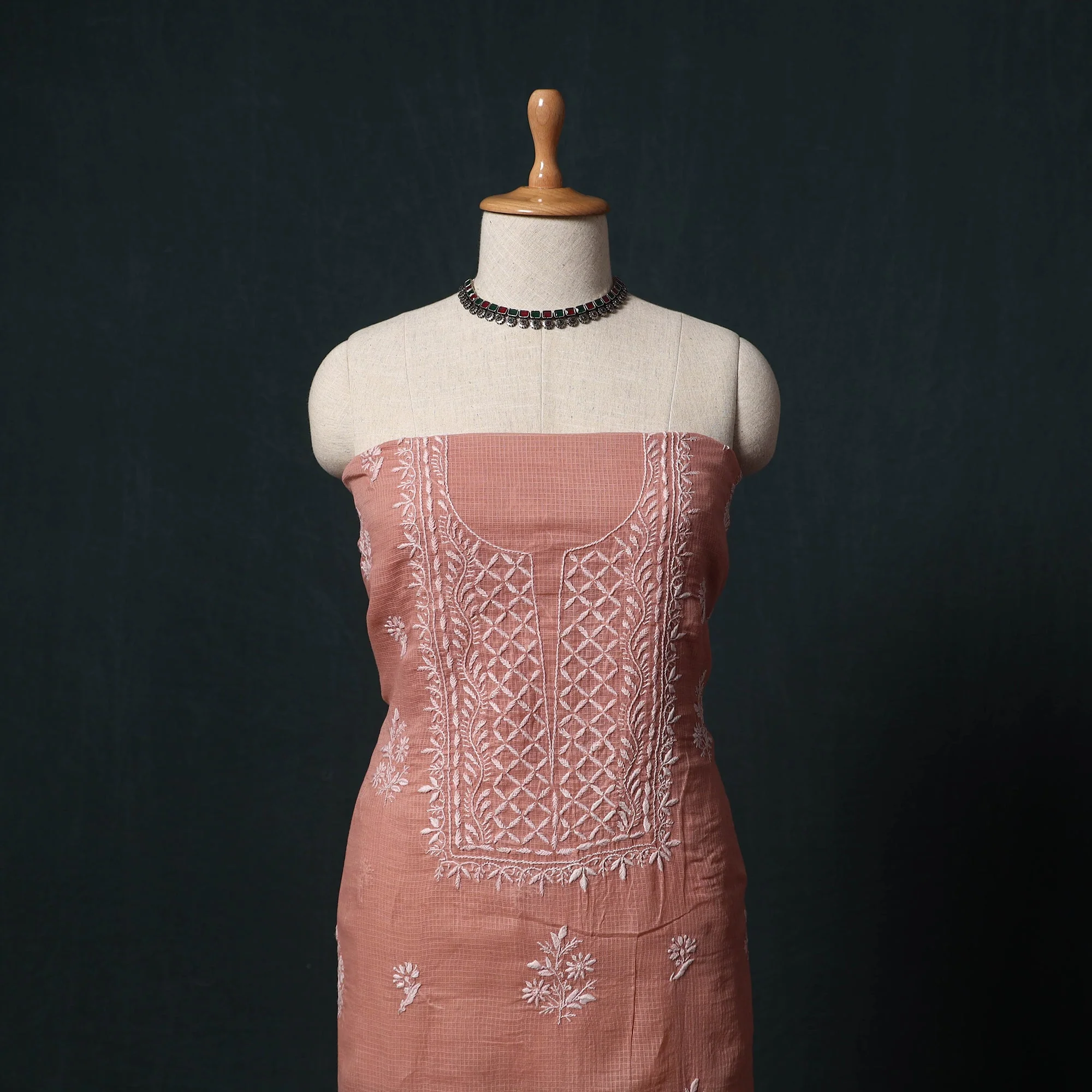 Peach - Lucknowi Chikankari Hand Embroidered Kota Doria Cotton 2pc Unstitched Dress Material Kurta Set 15 - Image 2